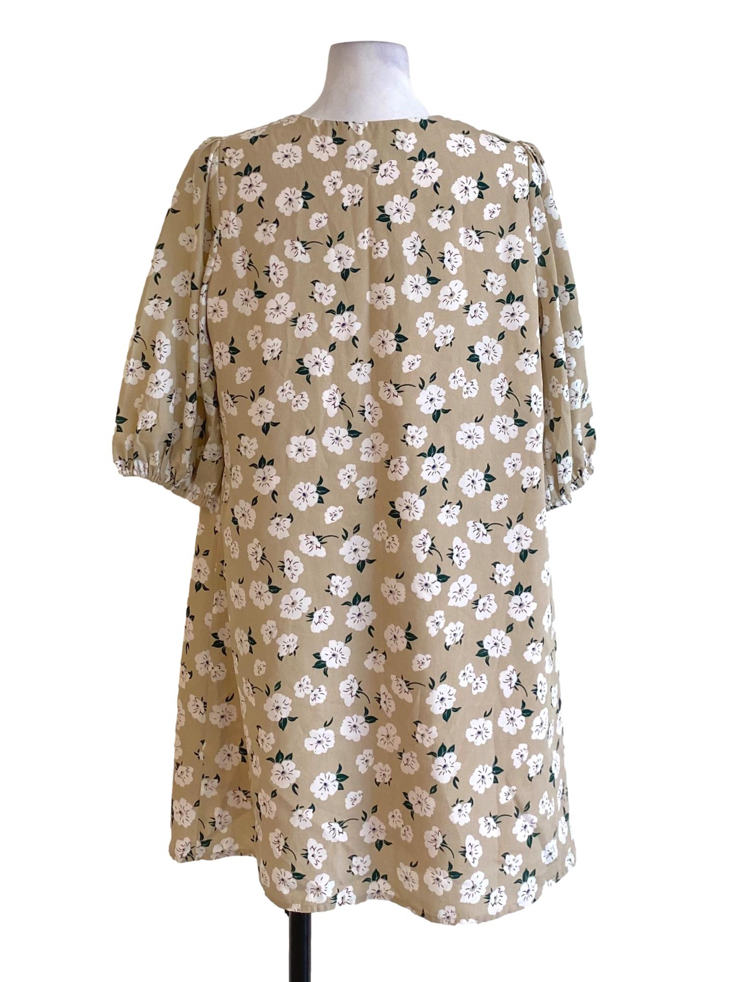 Beige Brown Floral V-Neck Long Blouse Dress