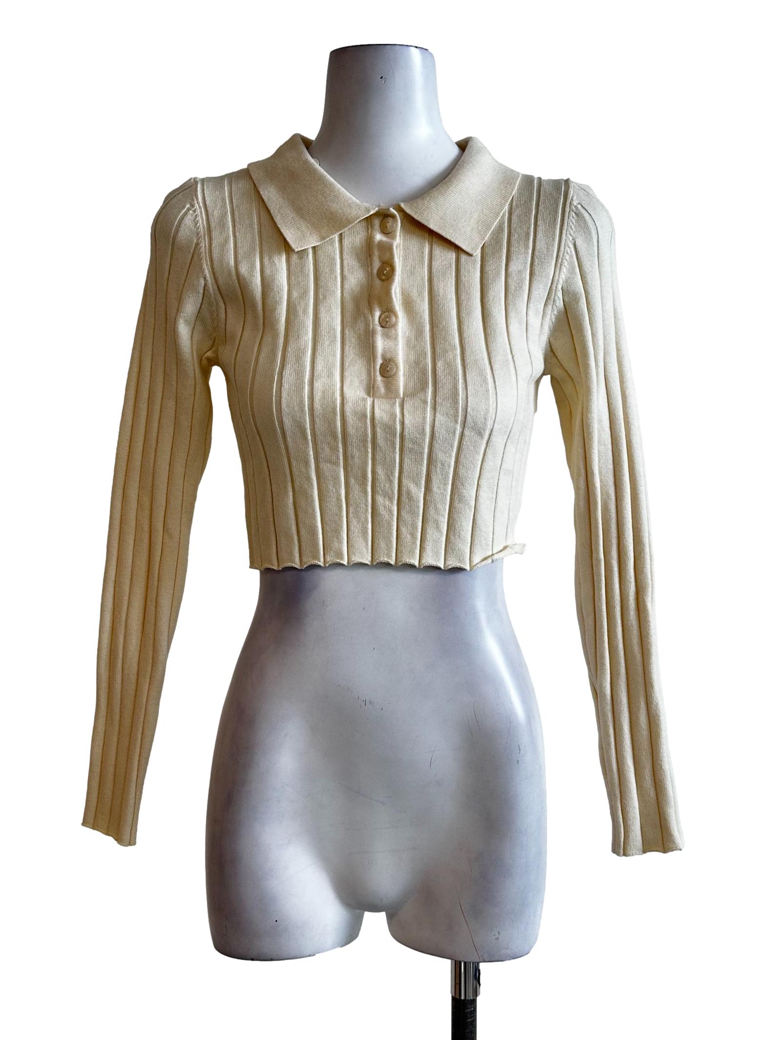 Cream White Awning Stripes Collar Crop Top