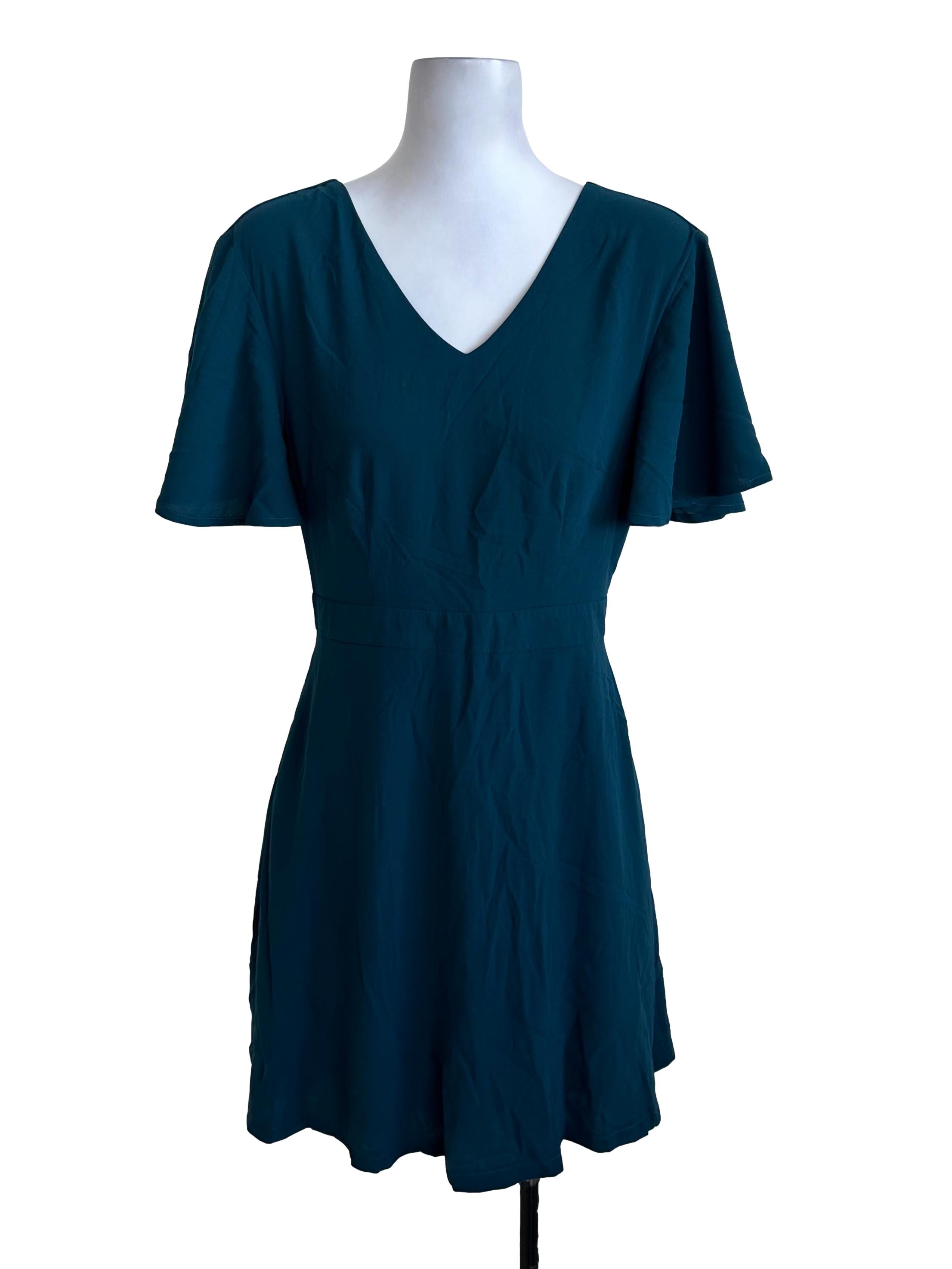 Teal Green V Neck Flare Sleeve Dress
