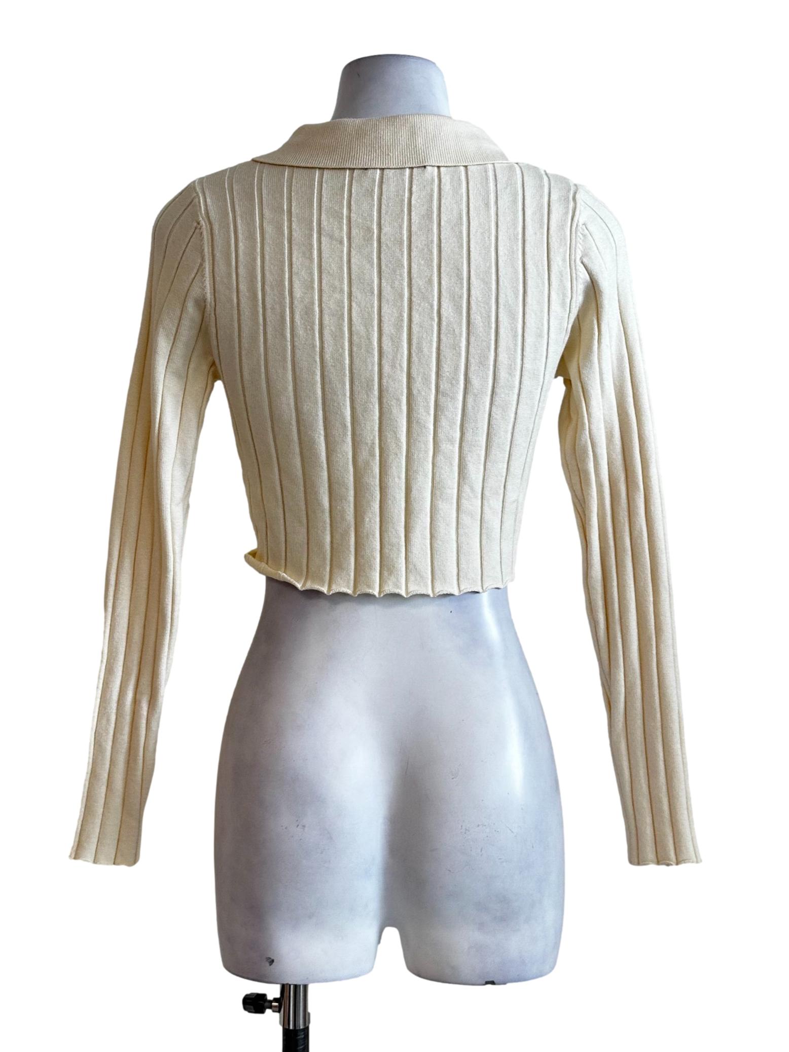 Cream White Awning Stripes Collar Crop Top