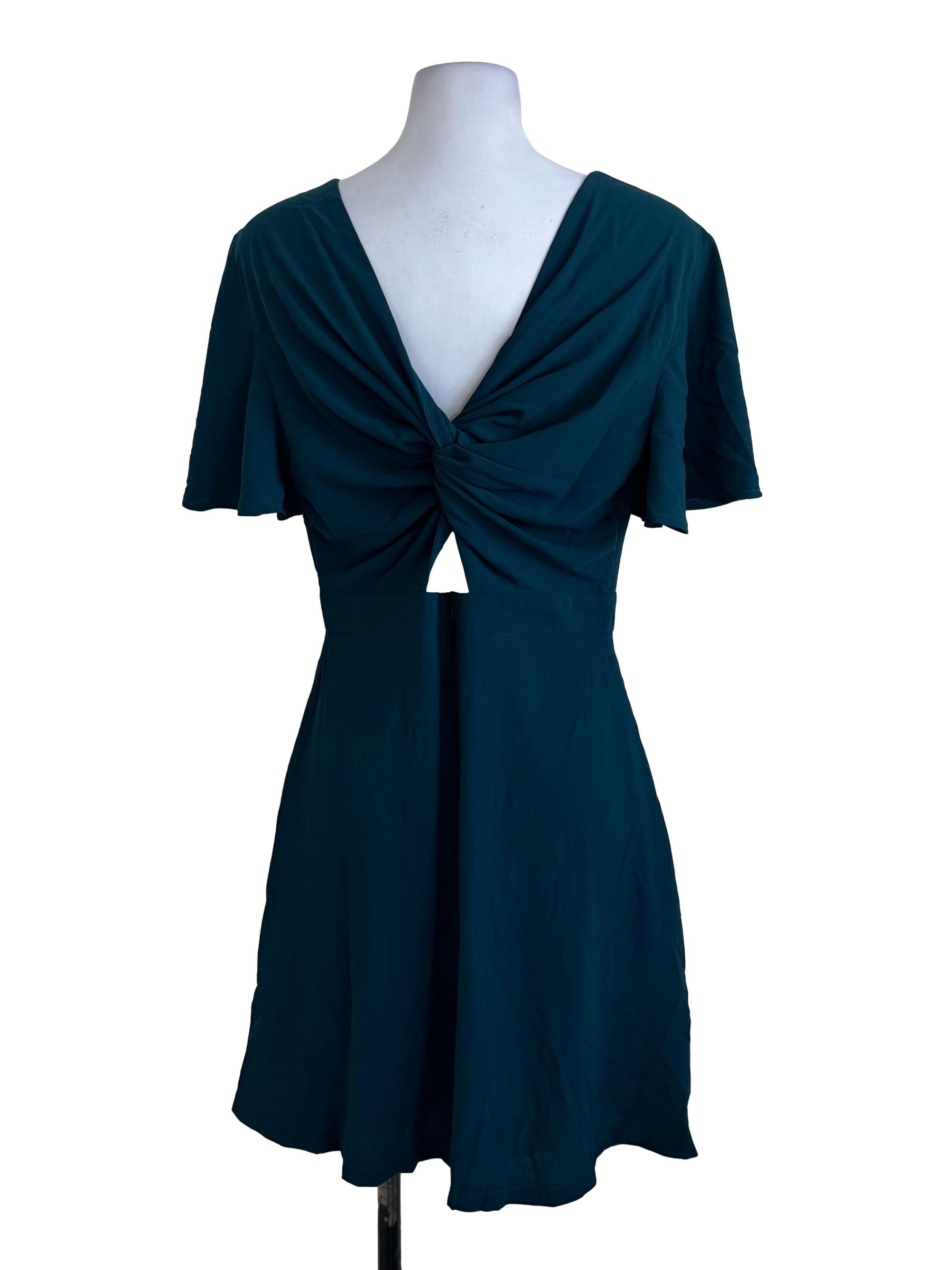 Teal Green V Neck Flare Sleeve Dress
