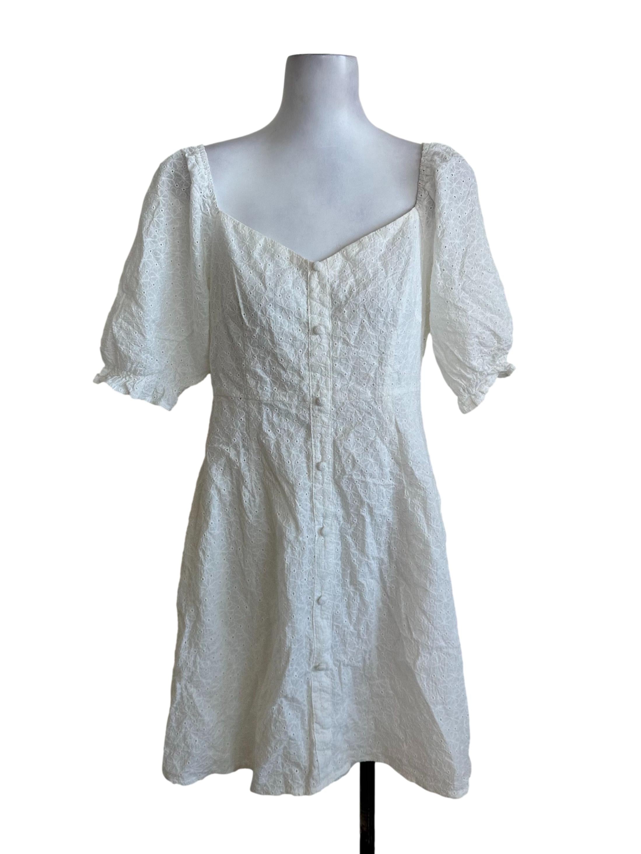 Pearl White Textured Button Dress