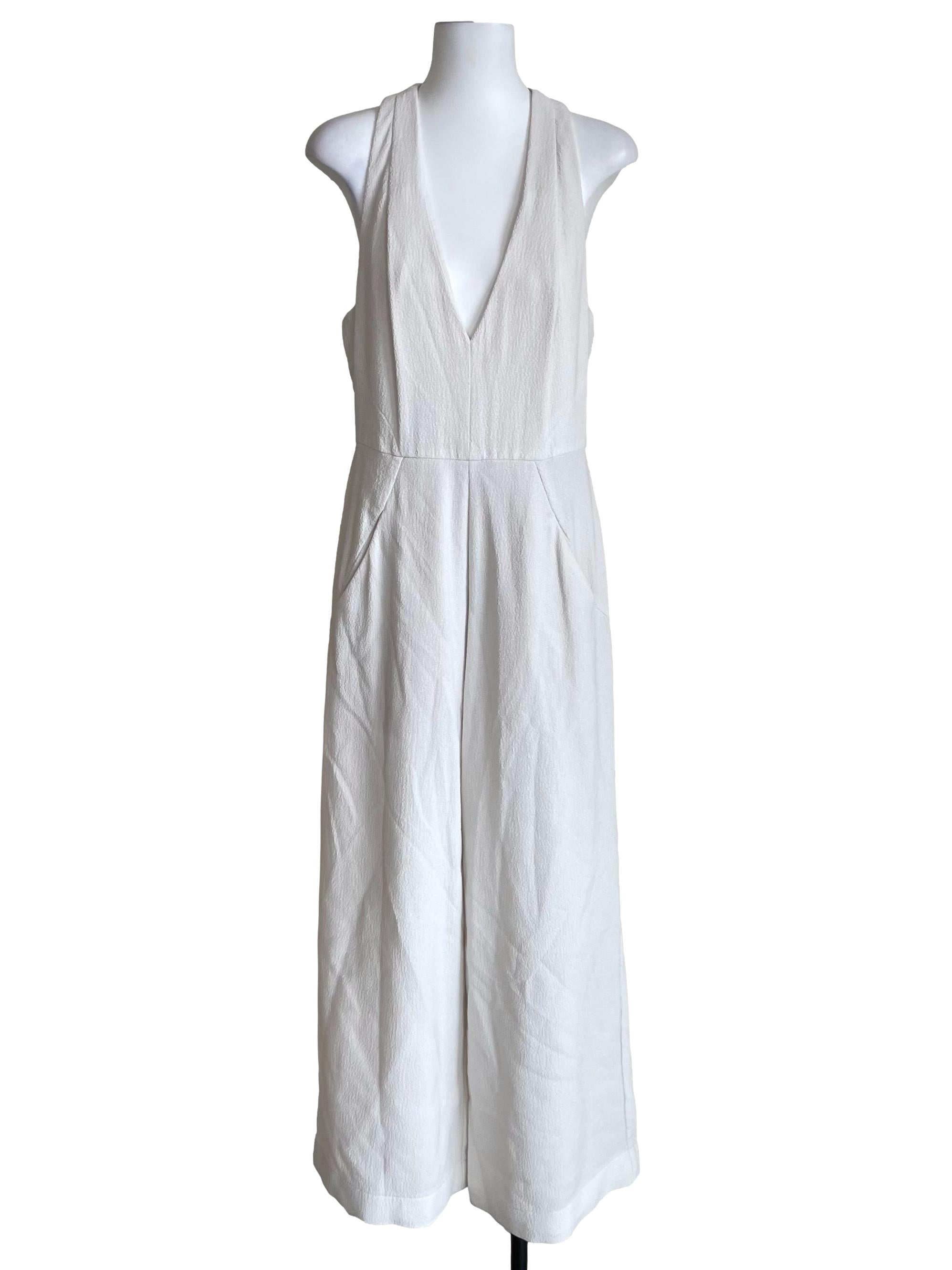 White Deep V Neck Textured Jumpsuit