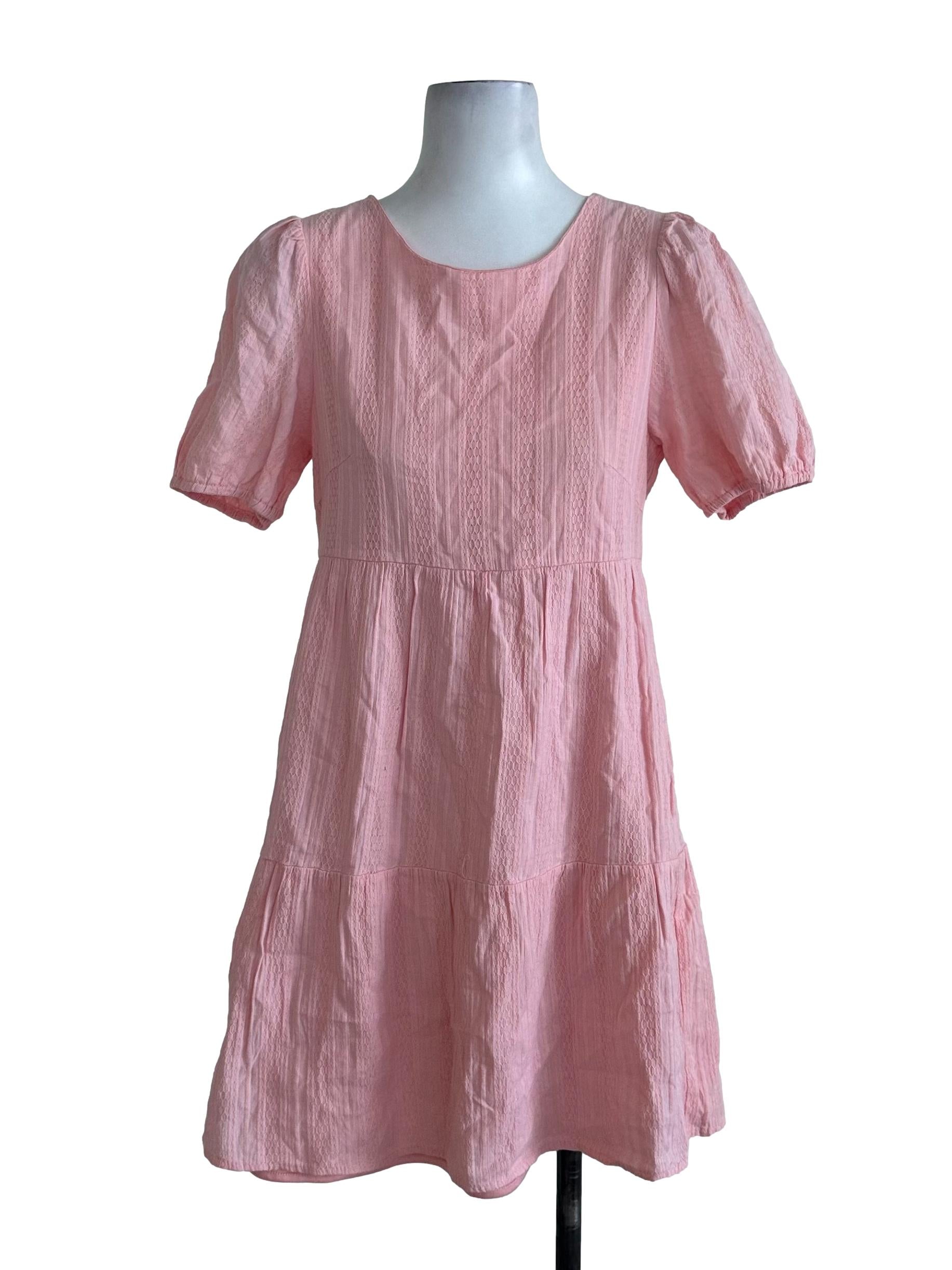 Rose Pink Textured Puff Sleeve Dress