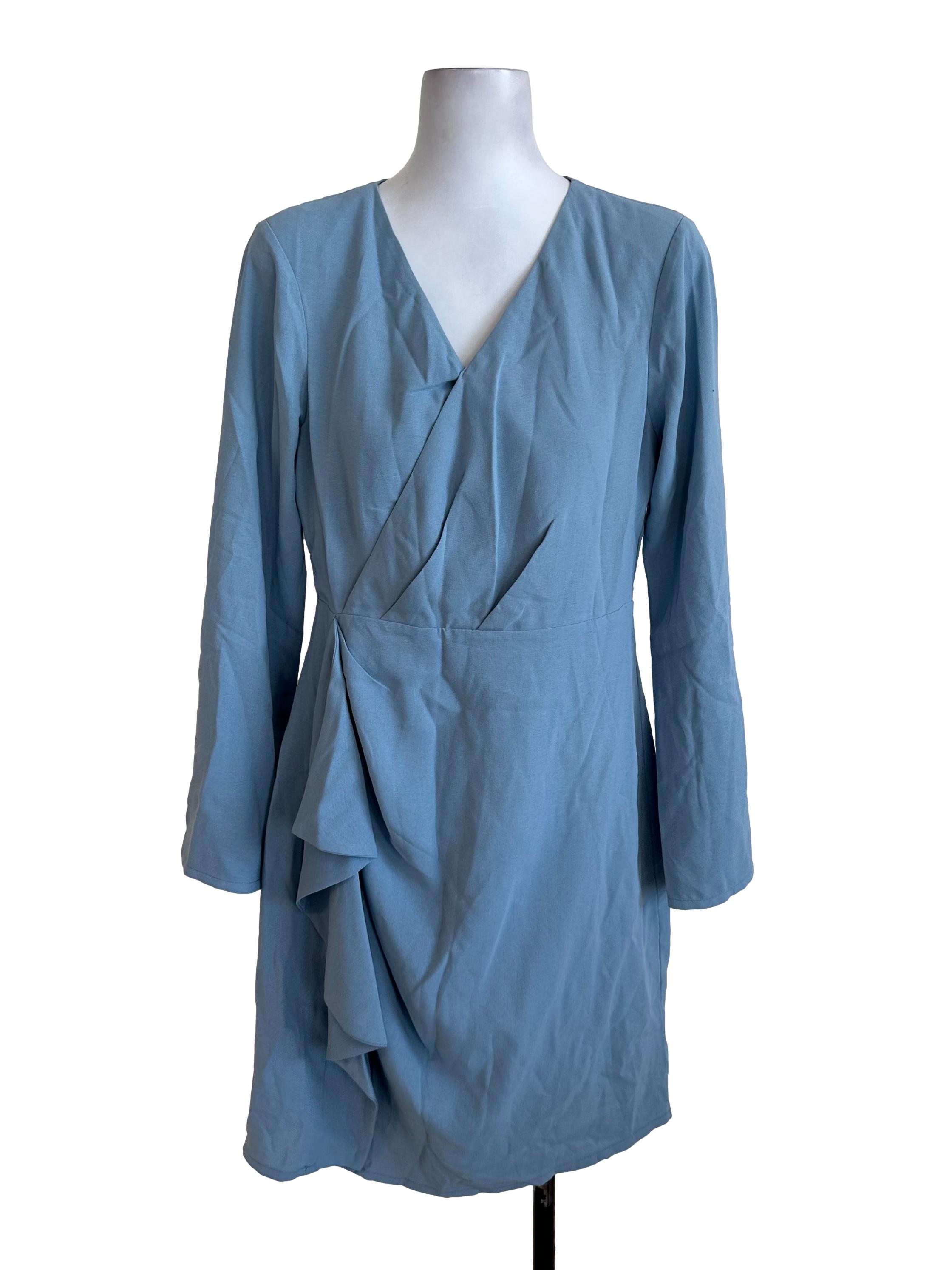 Dusty Blue Ruffle V Neck Long Sleeve Dress