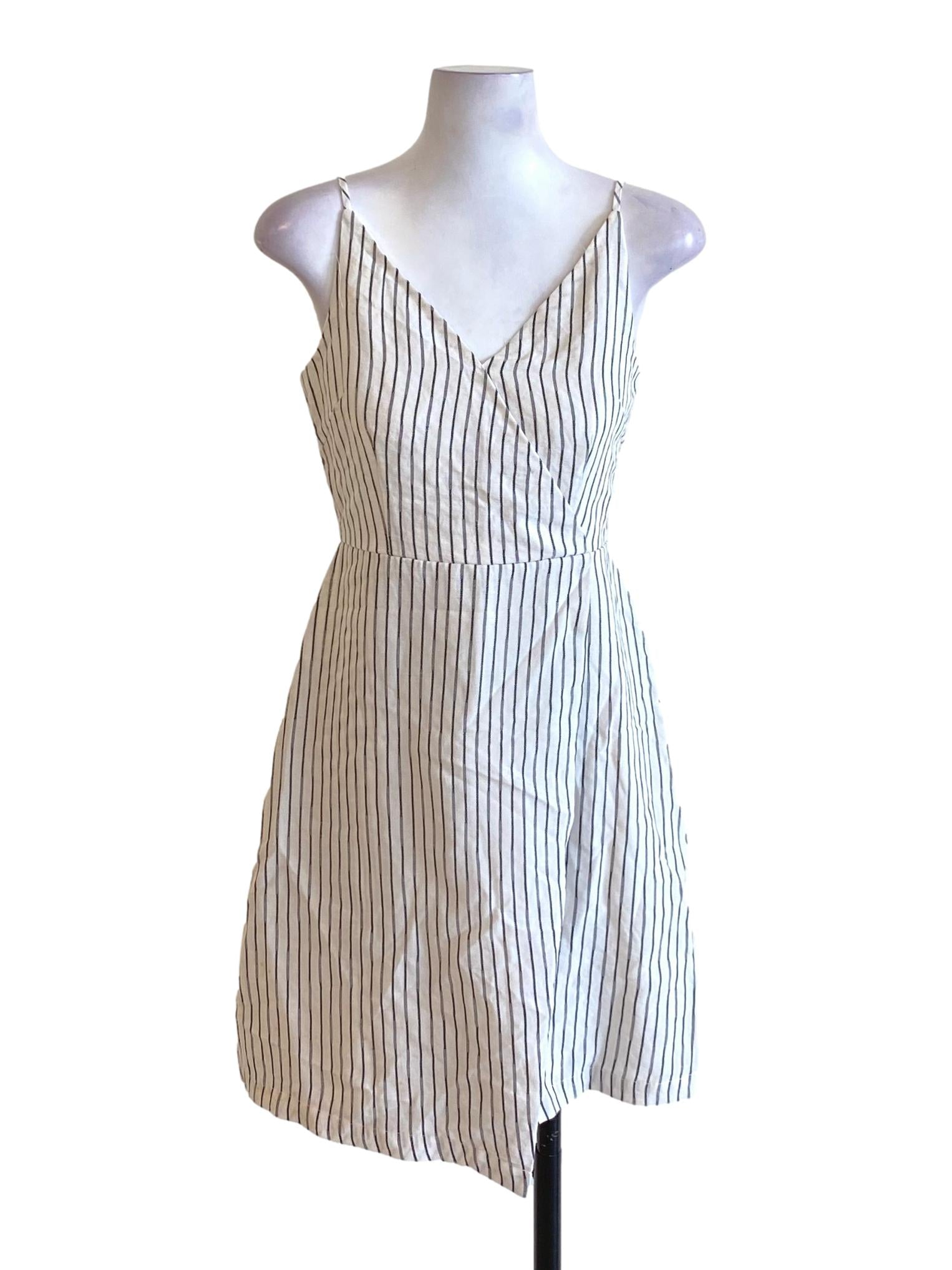 Porcelain White Stripes V-Neck Mini Babydoll Dress TTR