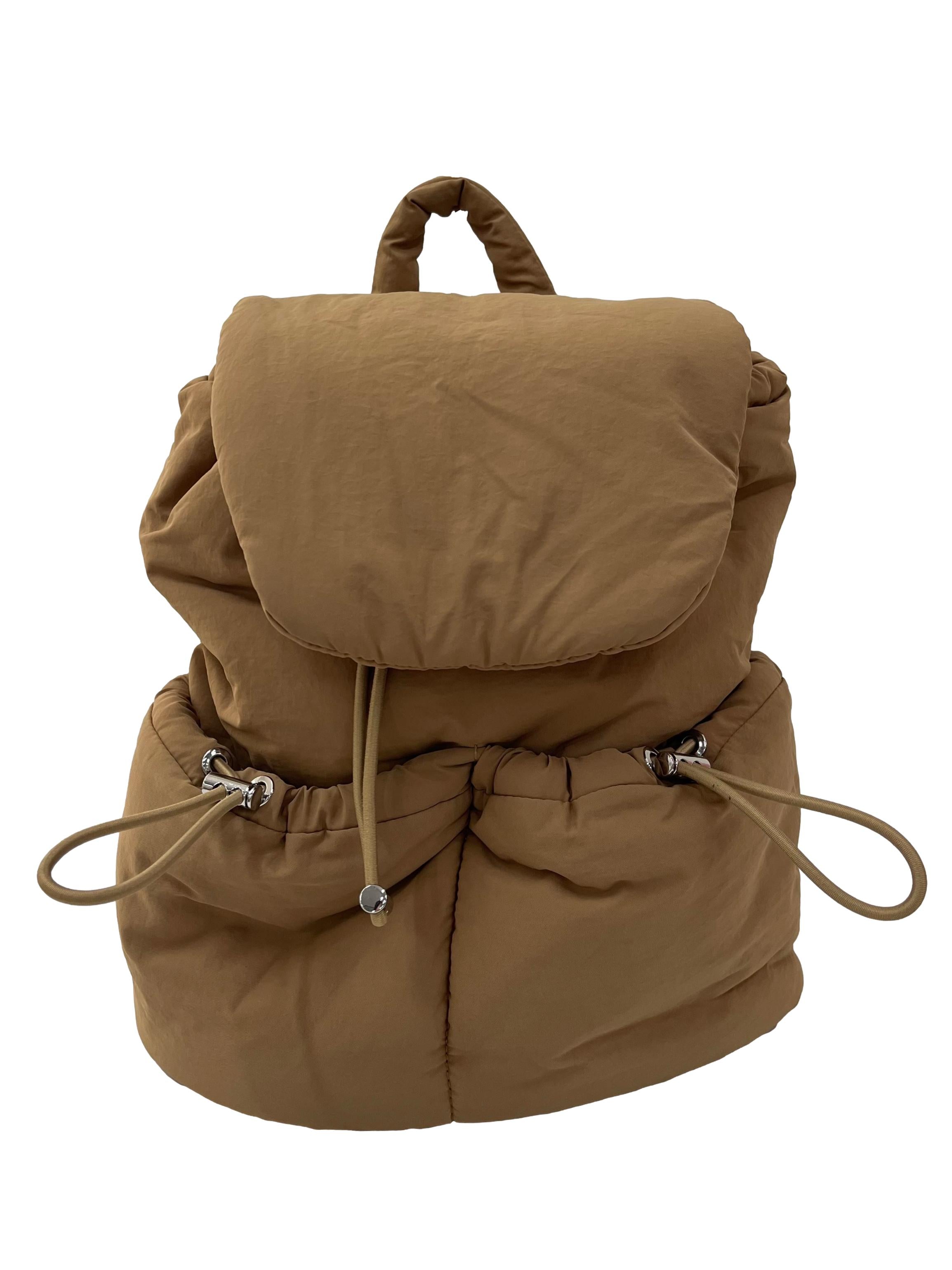 Brown Puffer Backpack With Drawstring Details