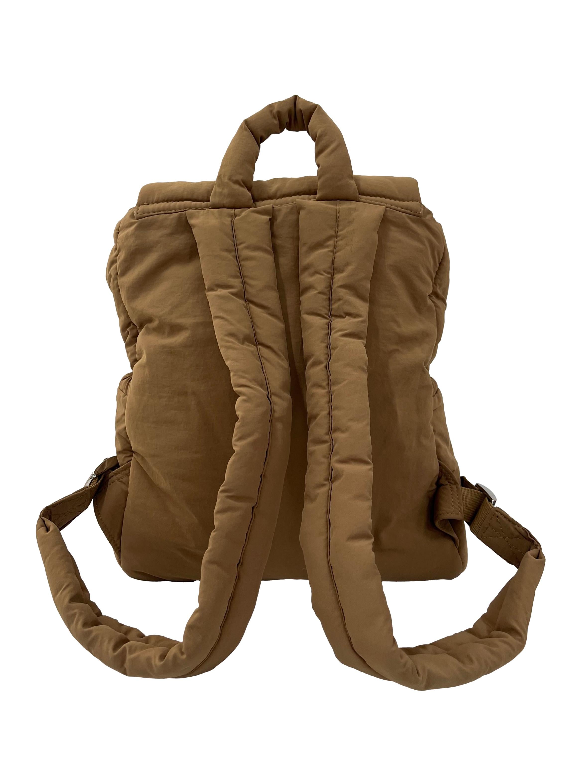 Brown Puffer Backpack With Drawstring Details