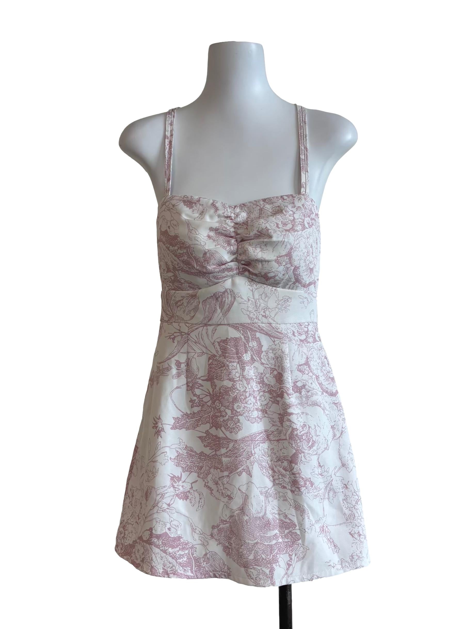 White Crepe Pink Patterned Mini Dress