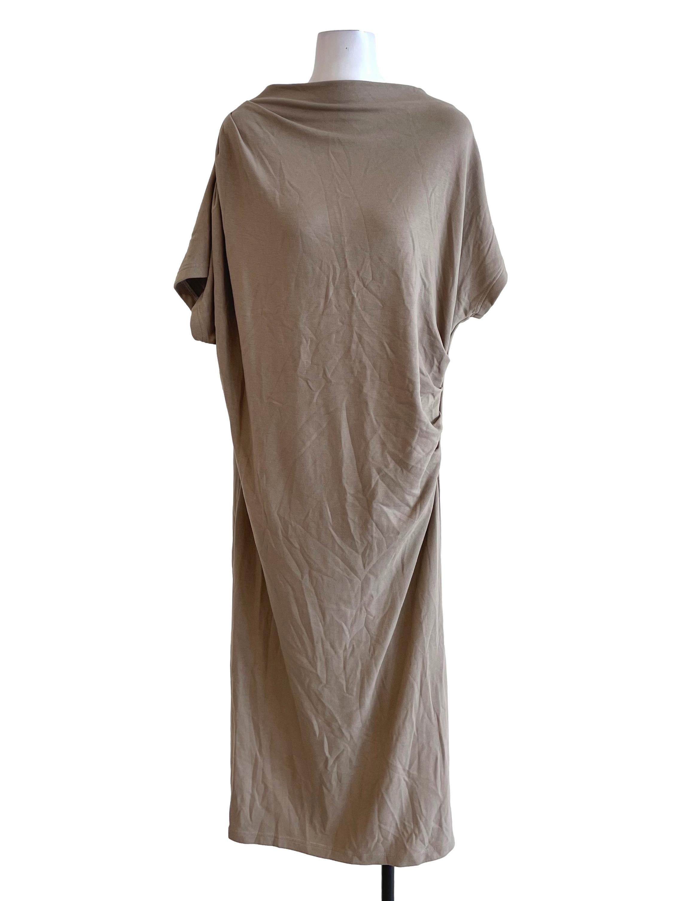 Milky Brown High Neck Draped Dress