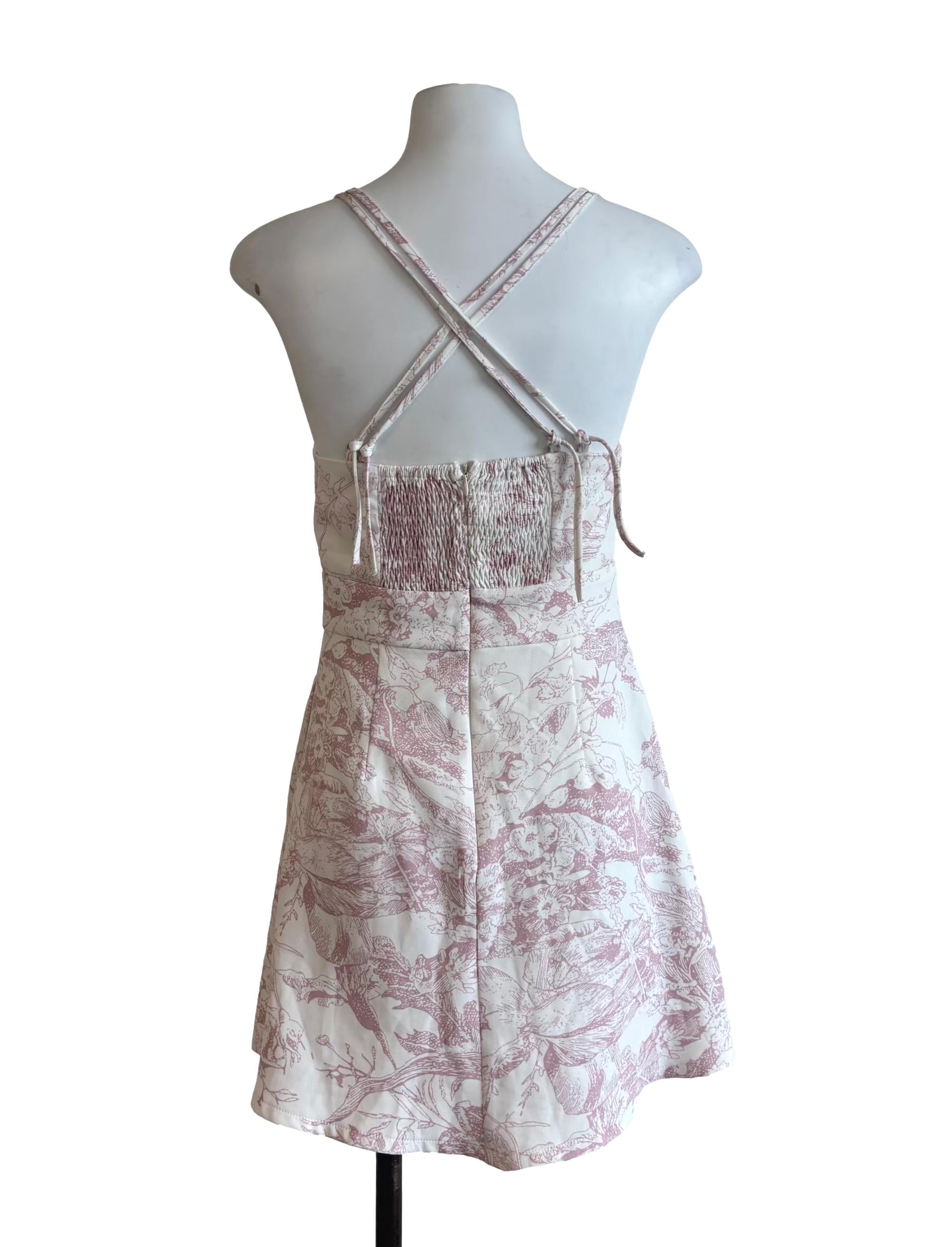 White Crepe Pink Patterned Mini Dress