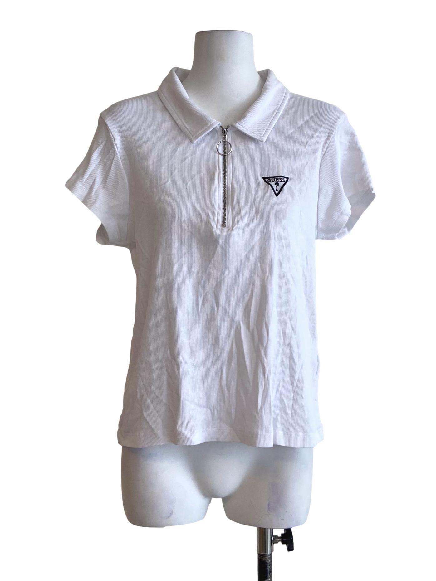 White Half Zipper Pencil Stripe Top