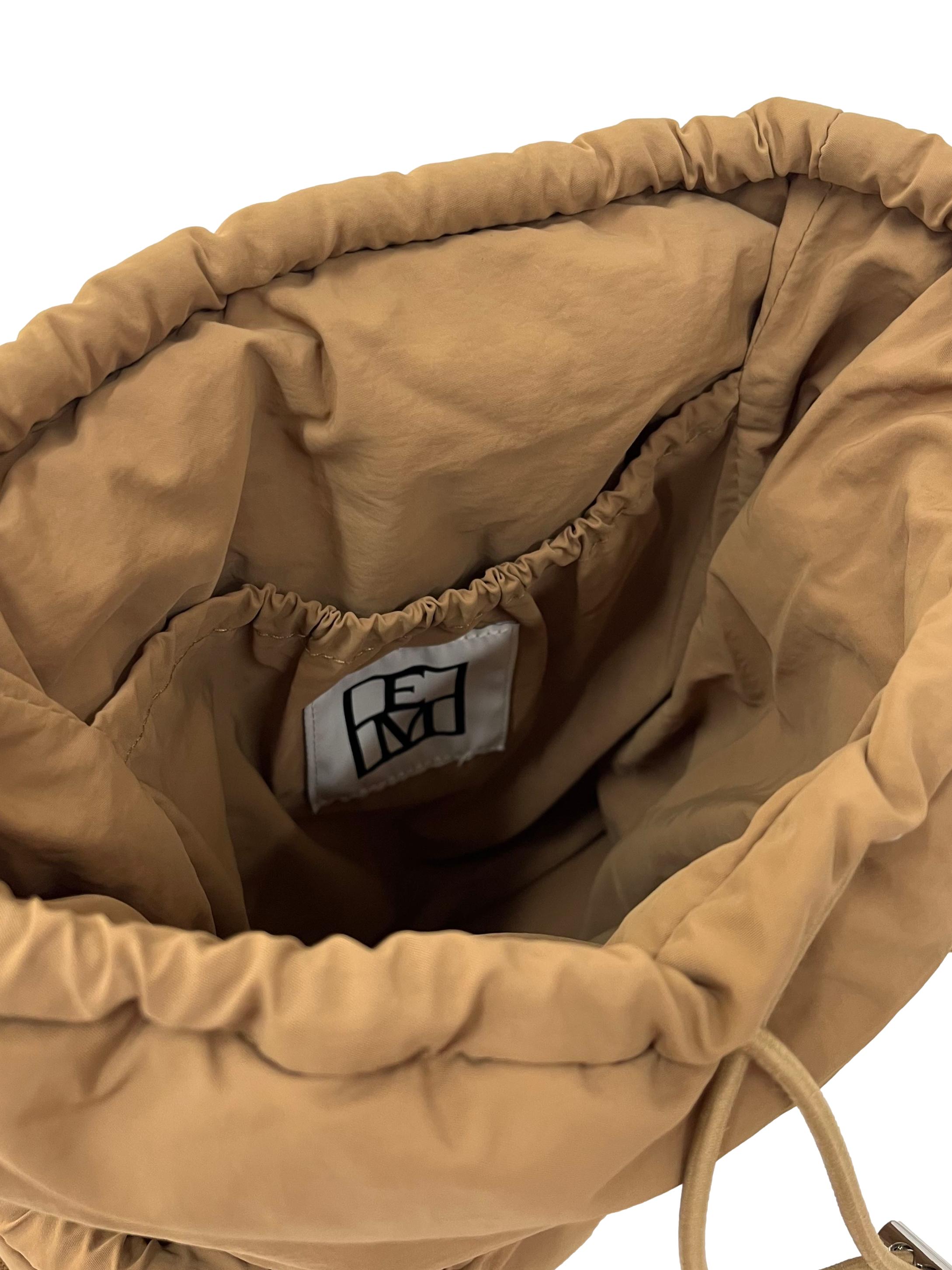 Brown Puffer Backpack With Drawstring Details