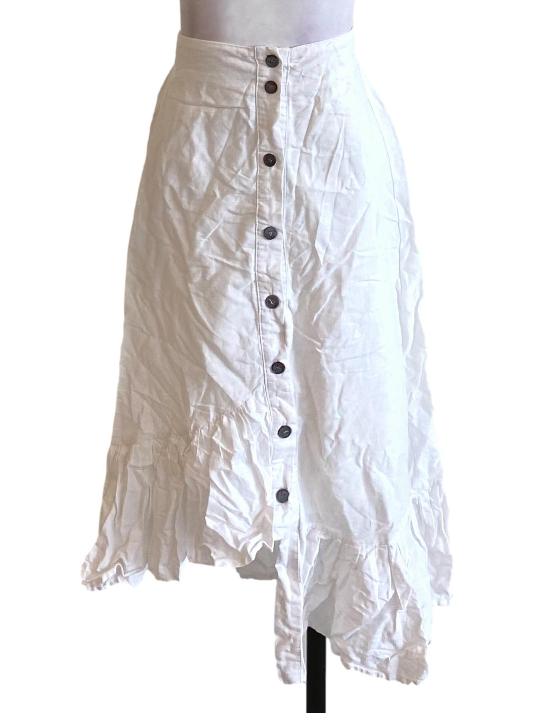 Pearl White Buttoned Down Ruffle Asymmetrical Skirt TEM