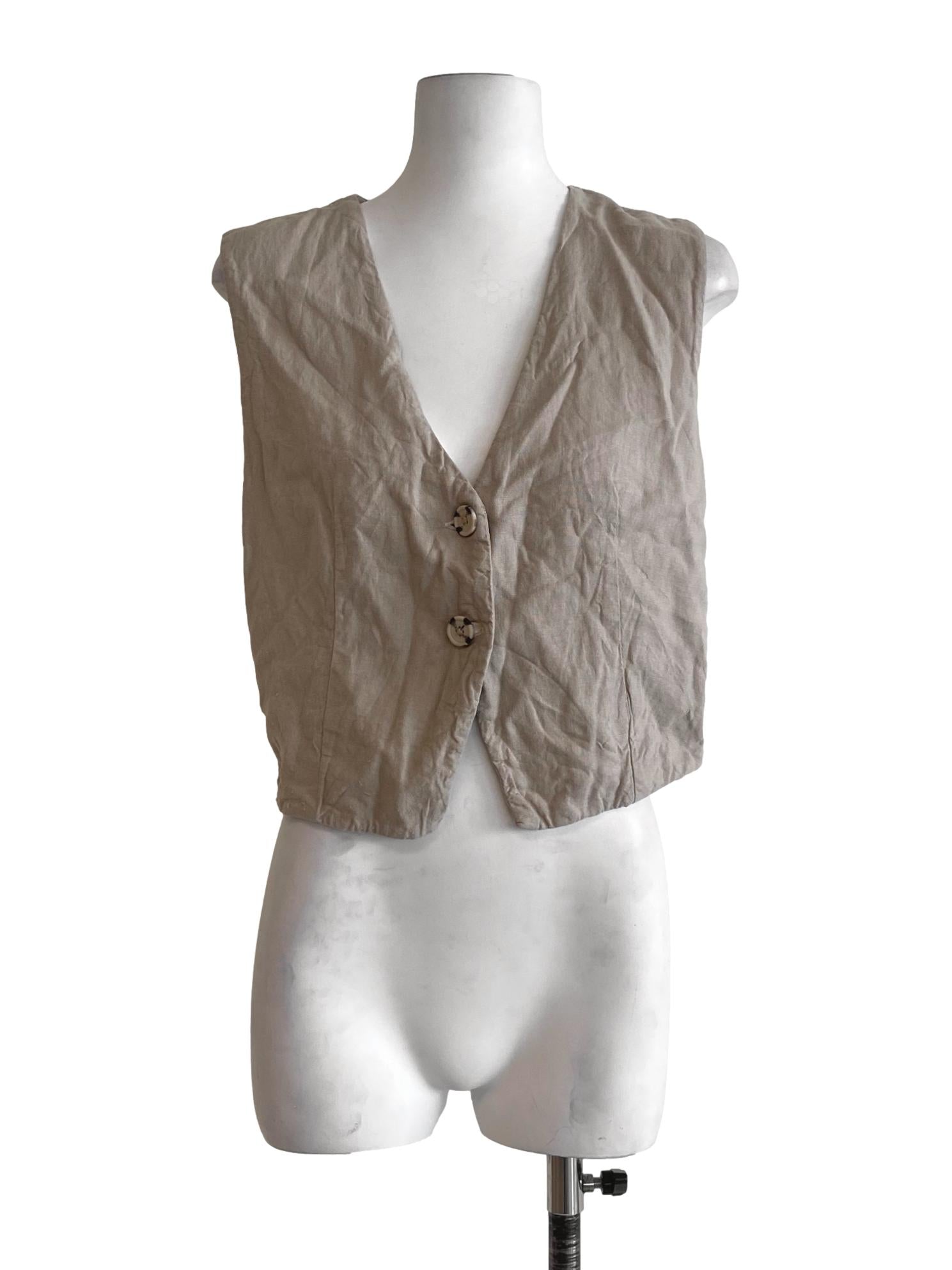 Parchment Beige Sleeveless Button Down Vest