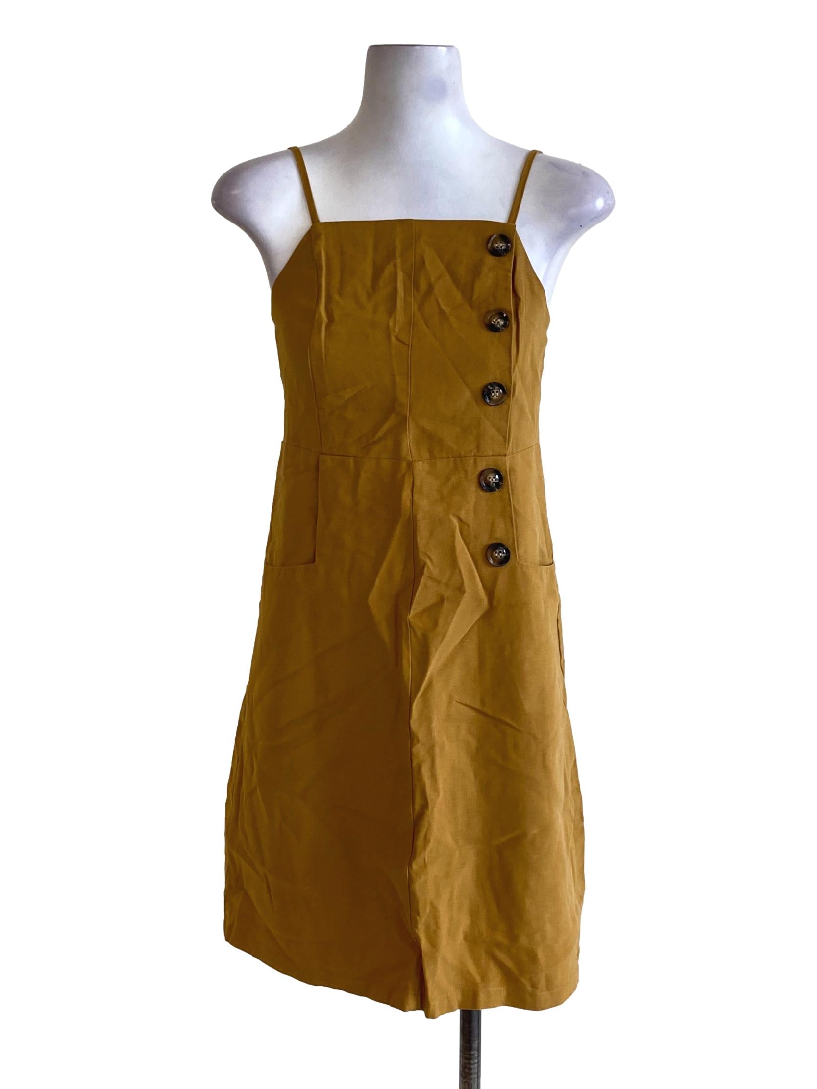 Dijon Yellow Square Neck Buttoned Sides Casual Dress TEM