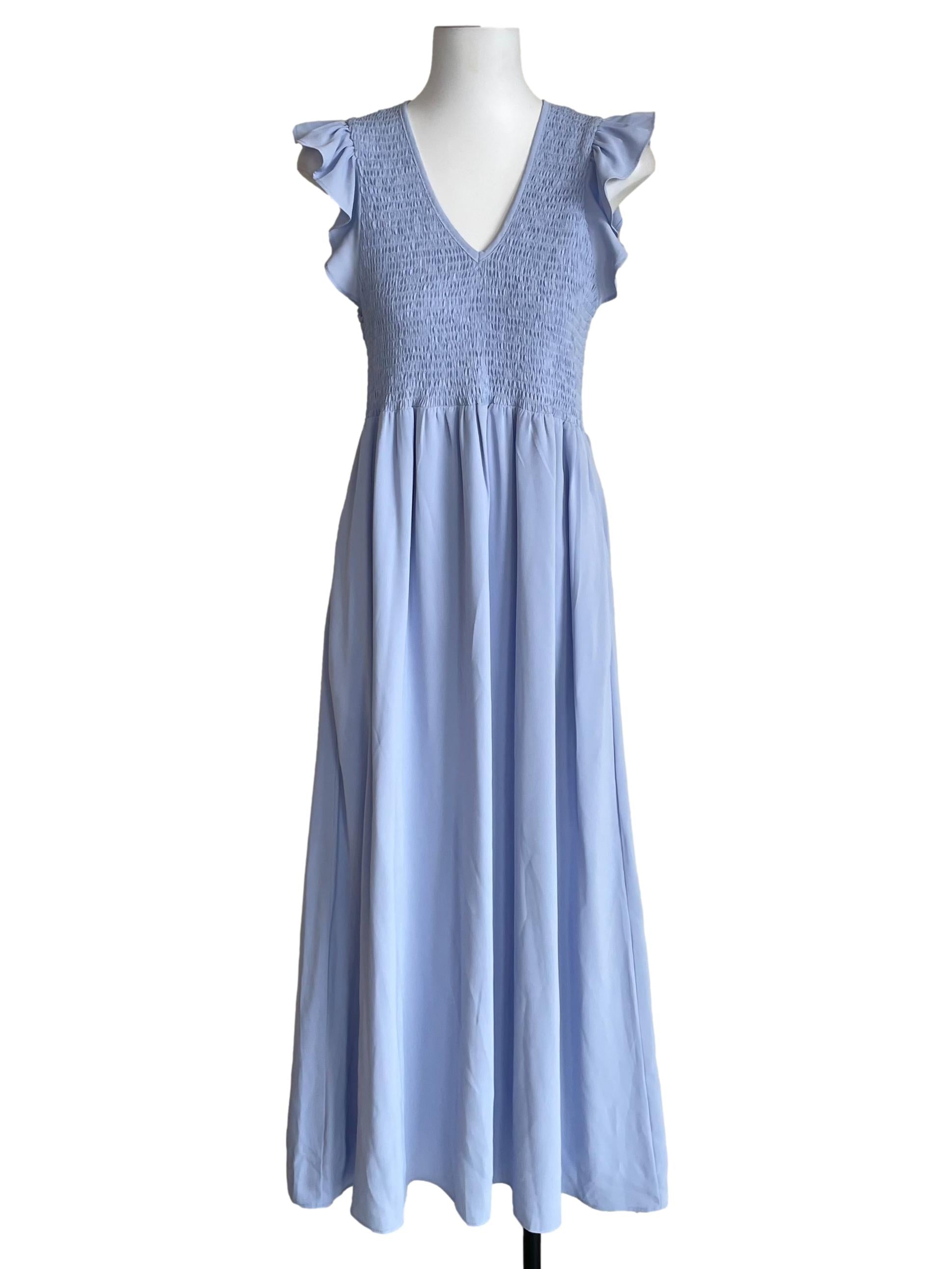 Cool Blue Ruffled Shirred Dress