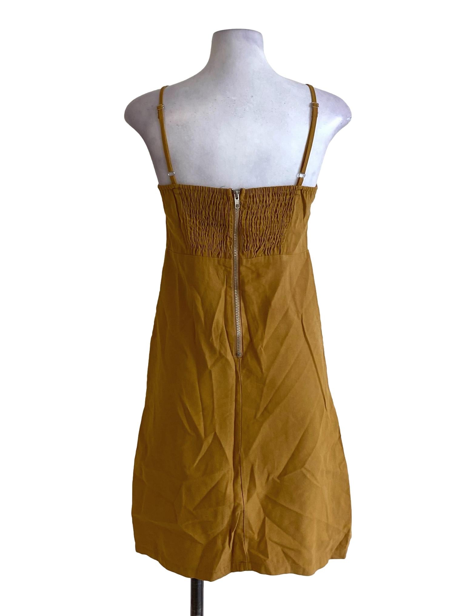 Dijon Yellow Square Neck Buttoned Sides Casual Dress TEM
