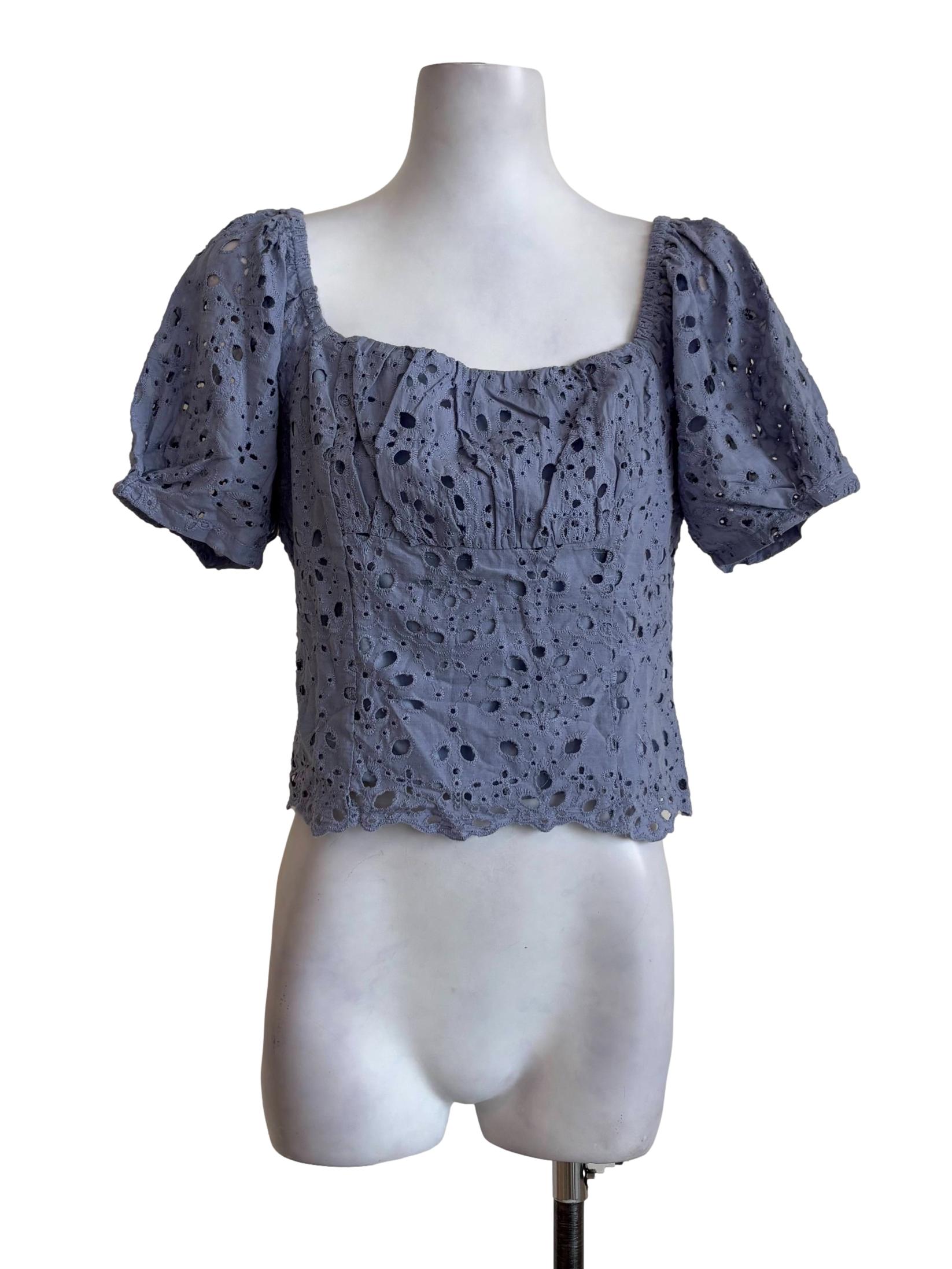 Dusty Blue Eyelet Embroidered Blouse