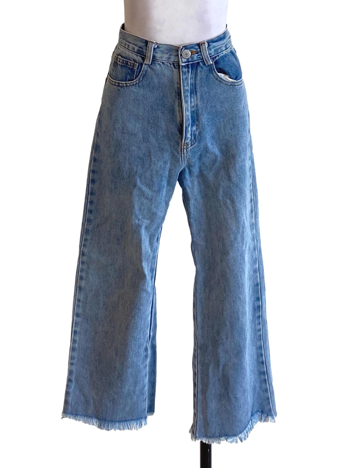 Denim Blue Cut Hem Straight Distressed Jeans