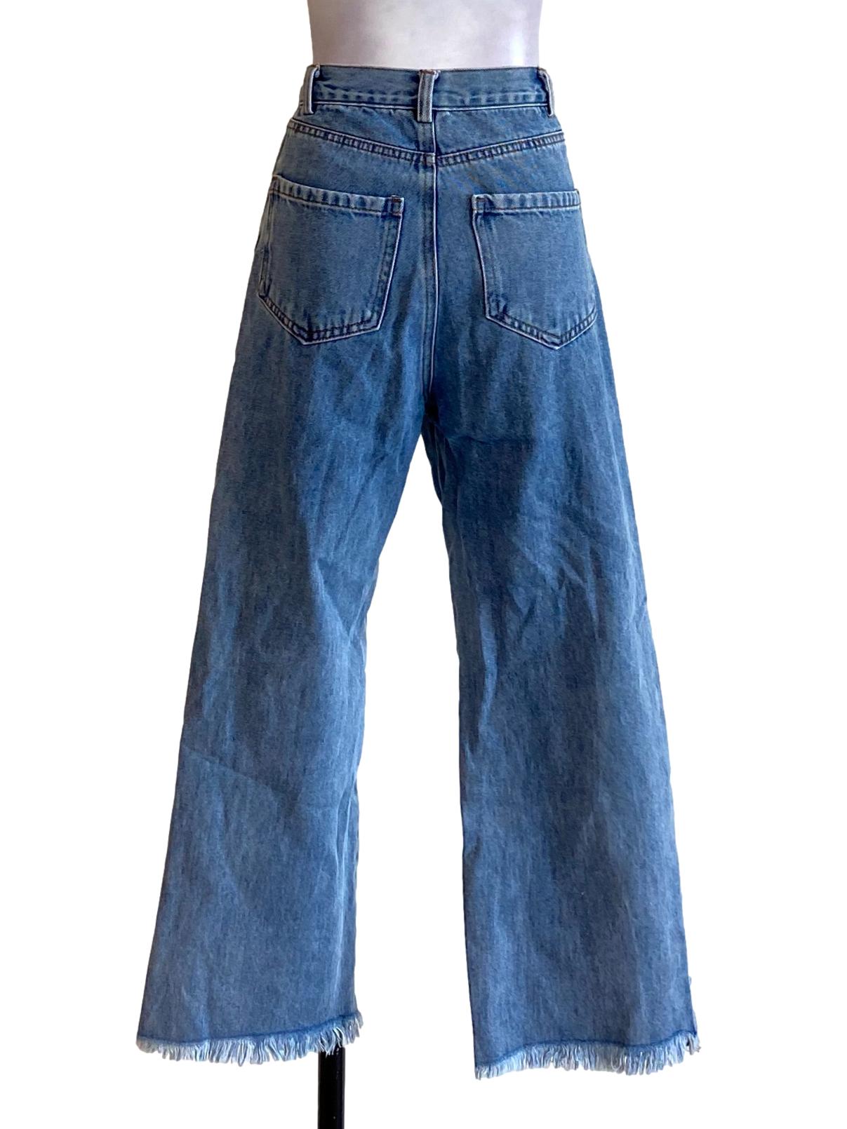 Denim Blue Cut Hem Straight Distressed Jeans
