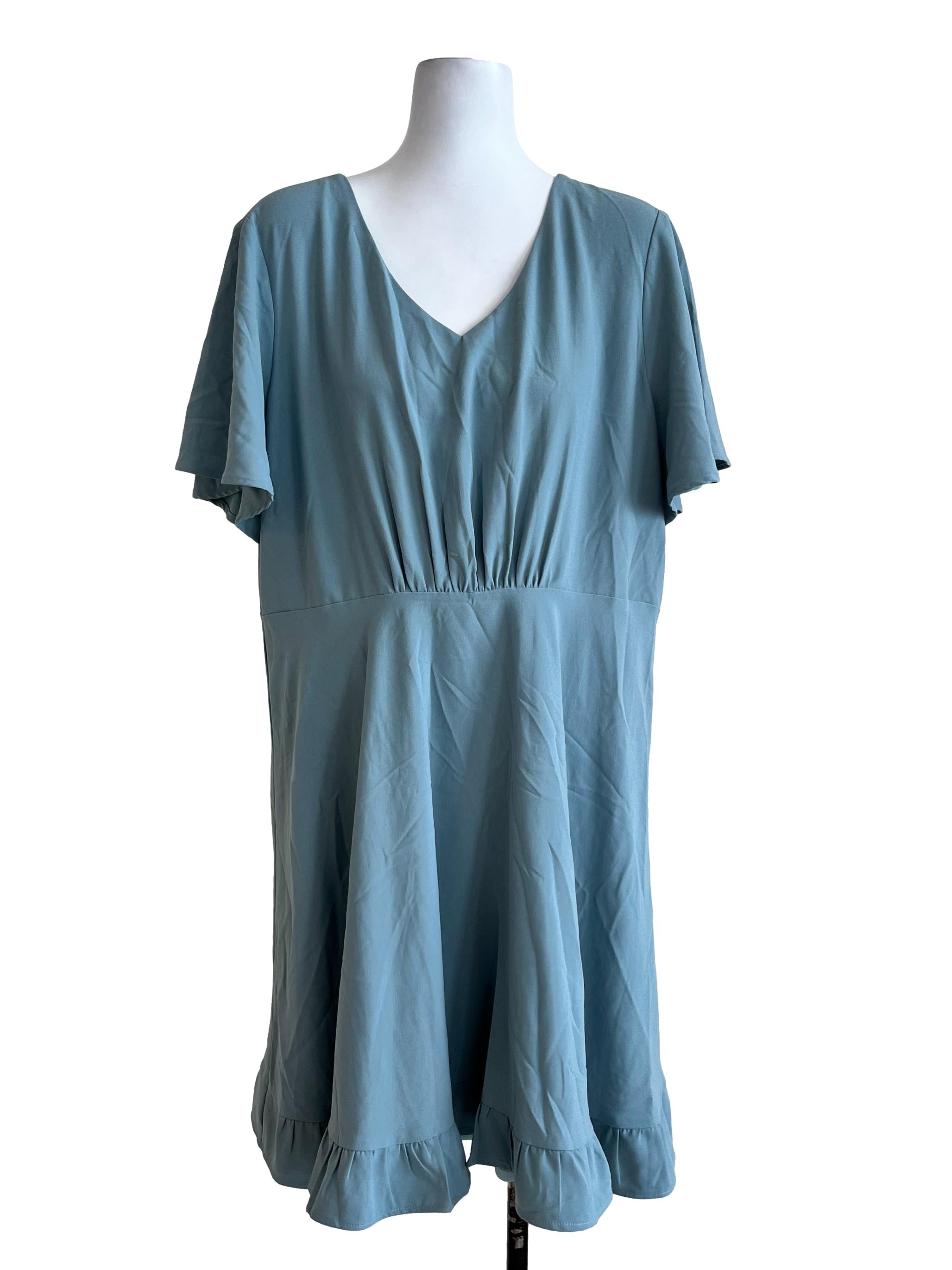 Blue Plain Short Sleeves Dress