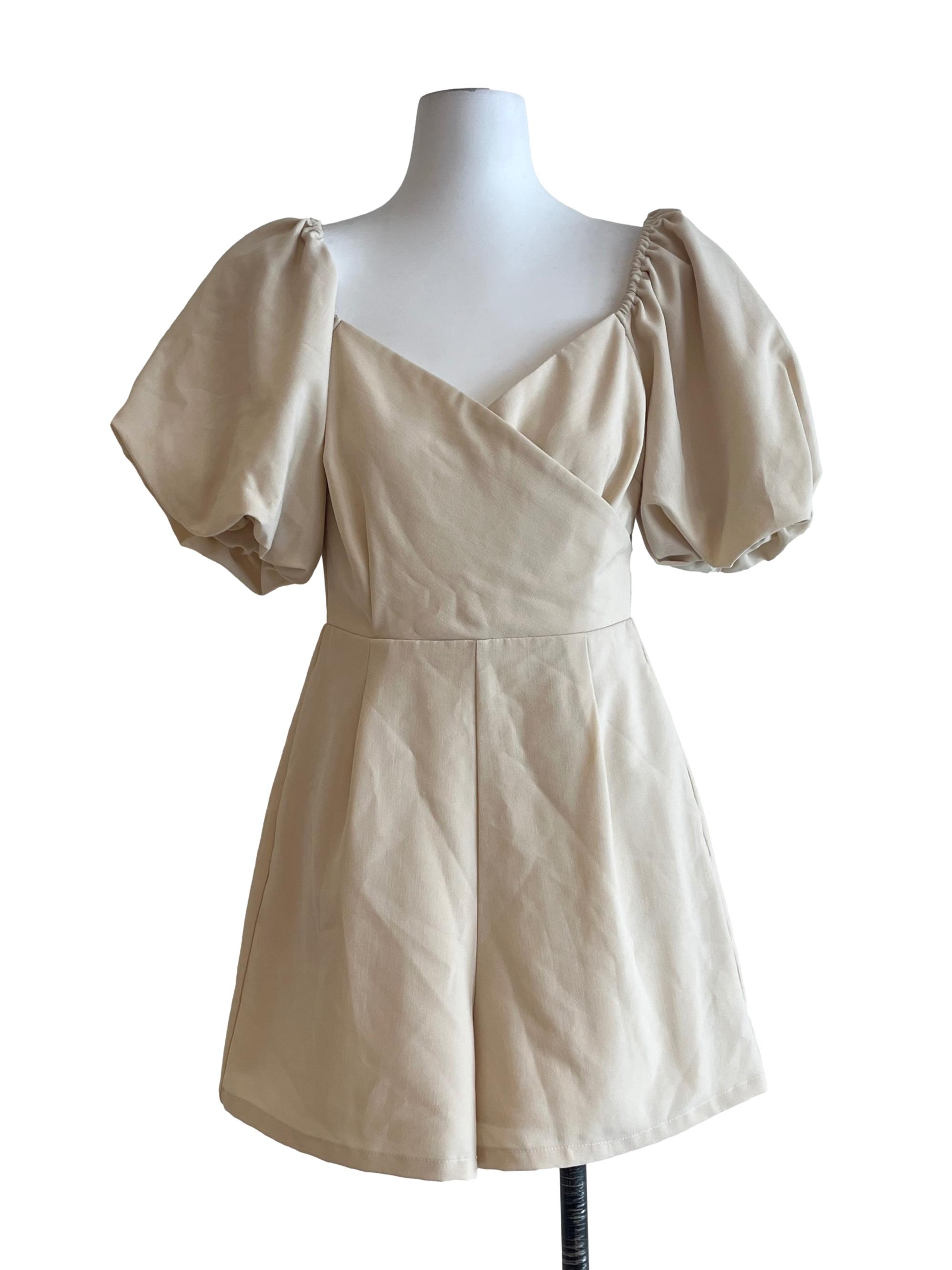 Linen White Sweetheart Puff Sleeve Romper