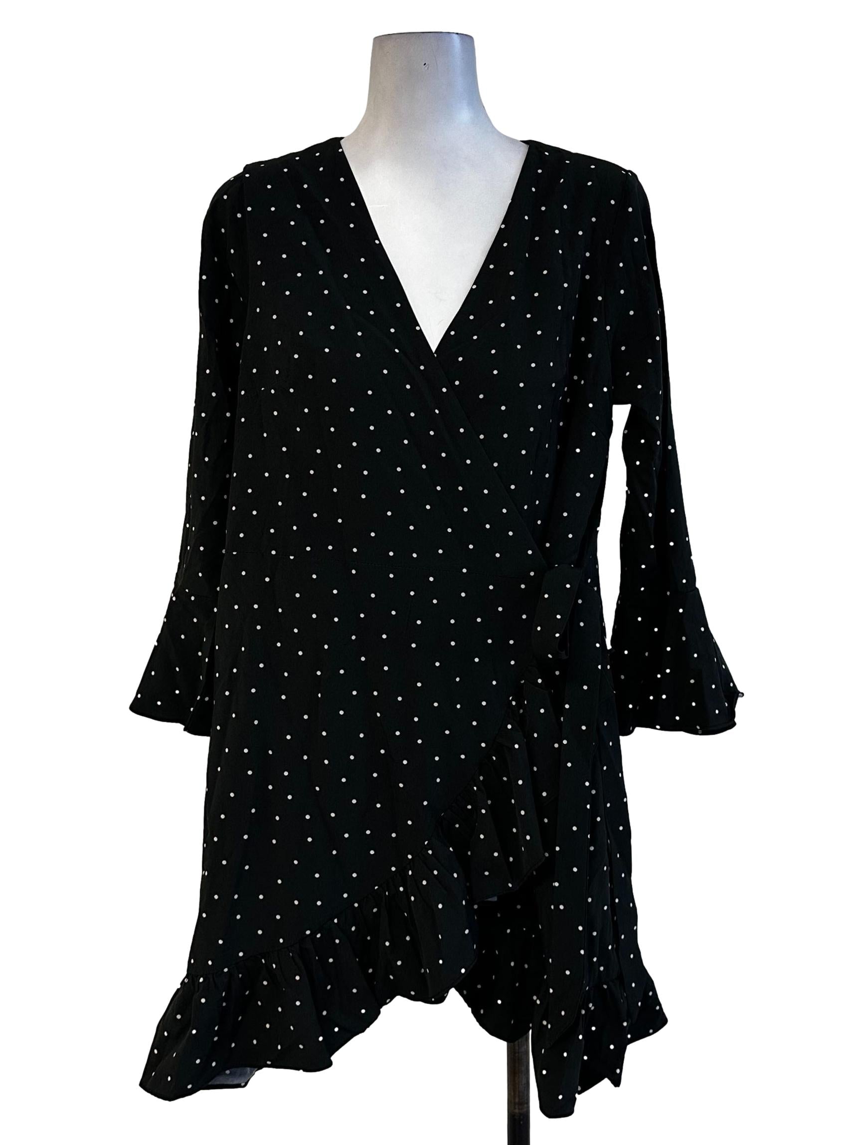 Black Polka Dots Pattern Wrap Dress