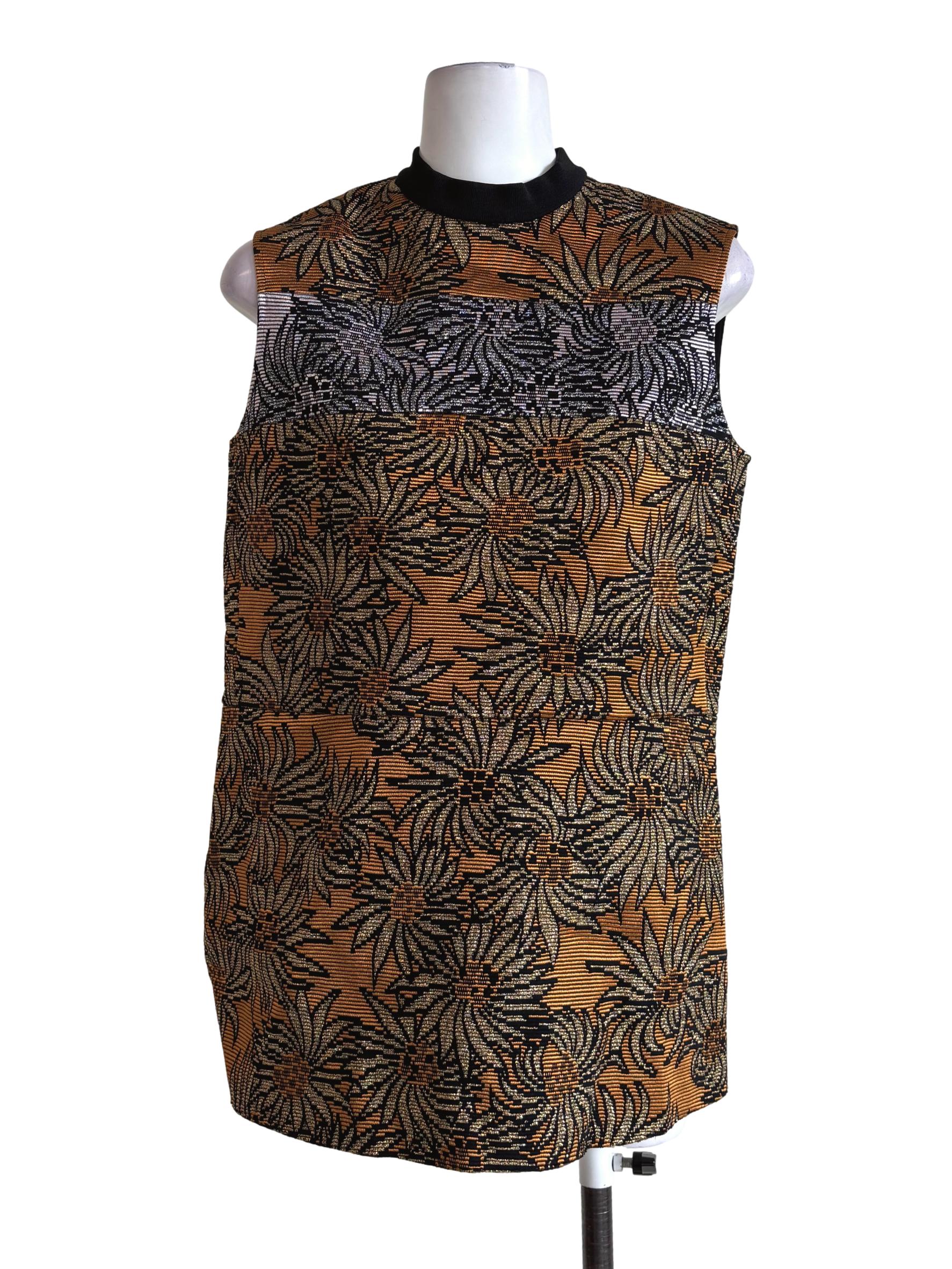Ochre Brown Sleeveless Embroidered Floral Top