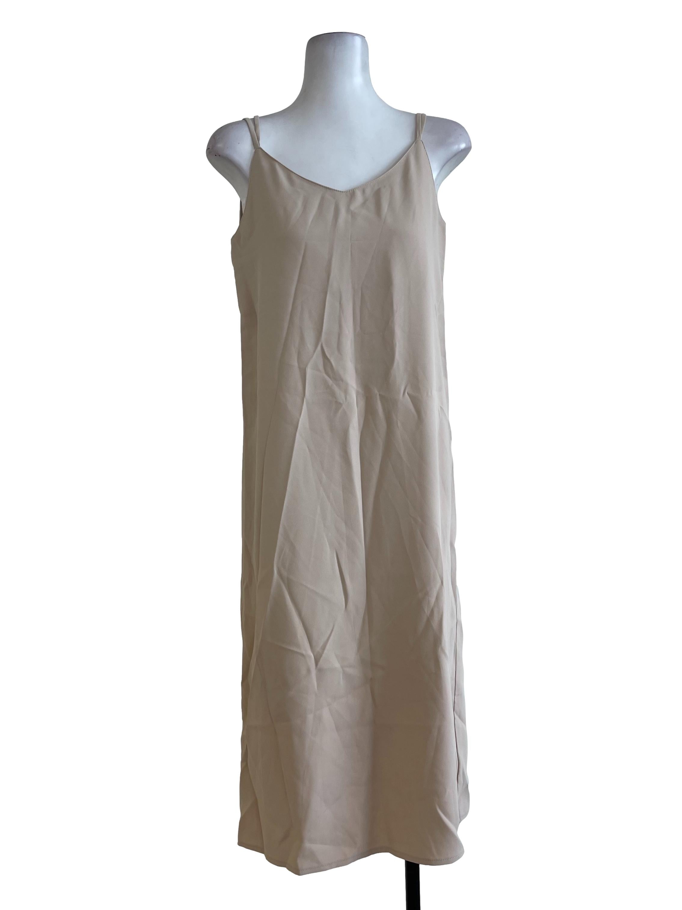 Cream Plain V-Neck Dress