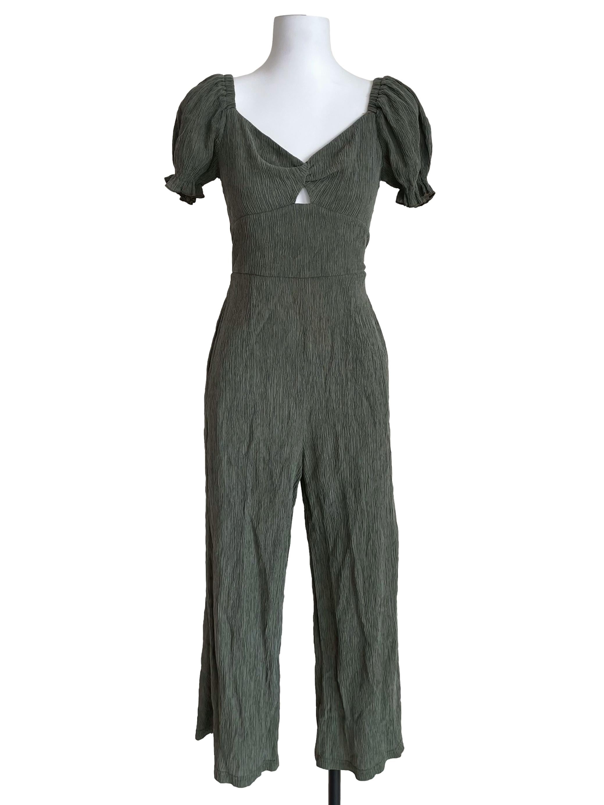 Warm Sage Green Textured Sweetheart Jumpsuit
