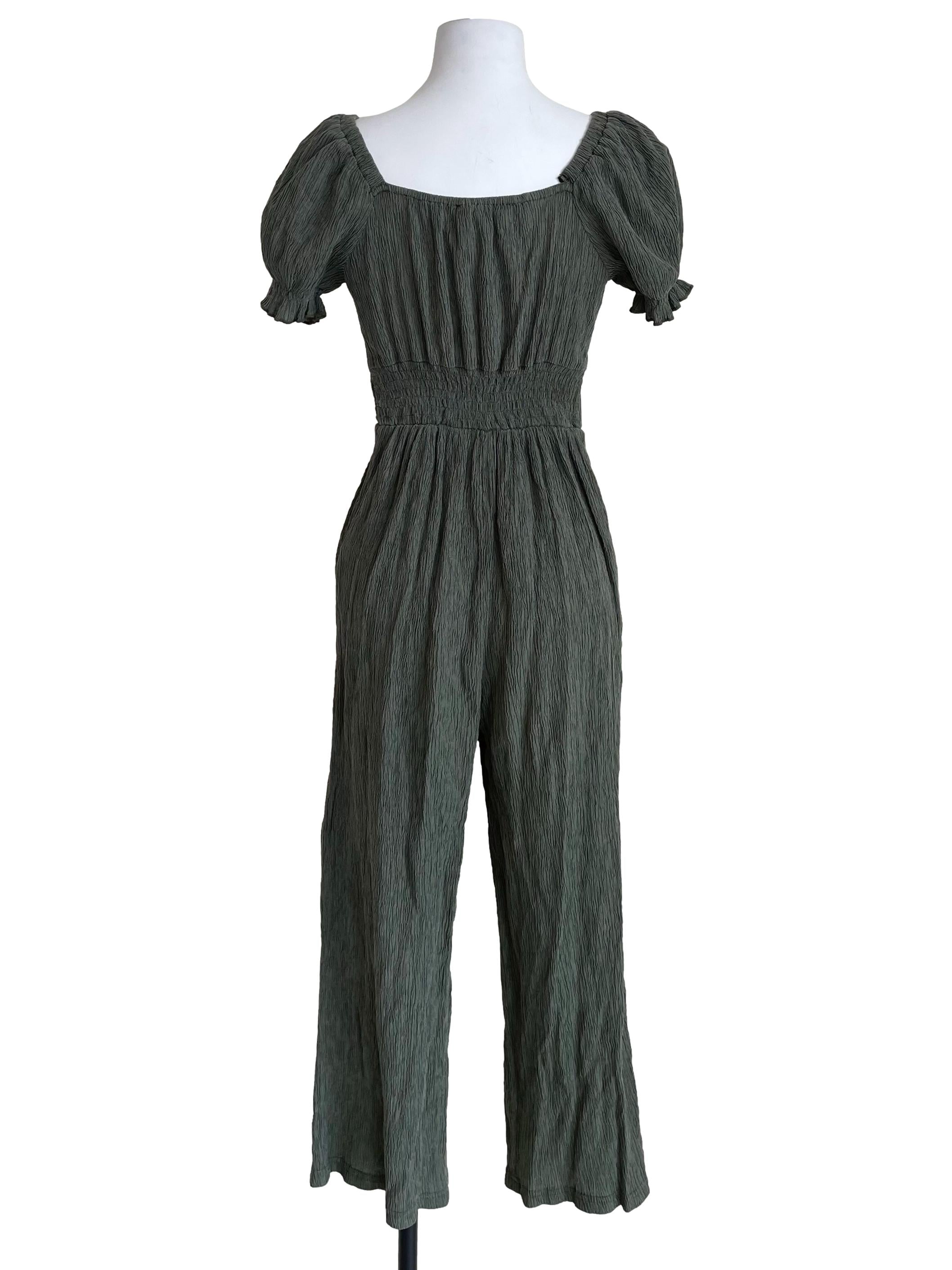 Warm Sage Green Textured Sweetheart Jumpsuit