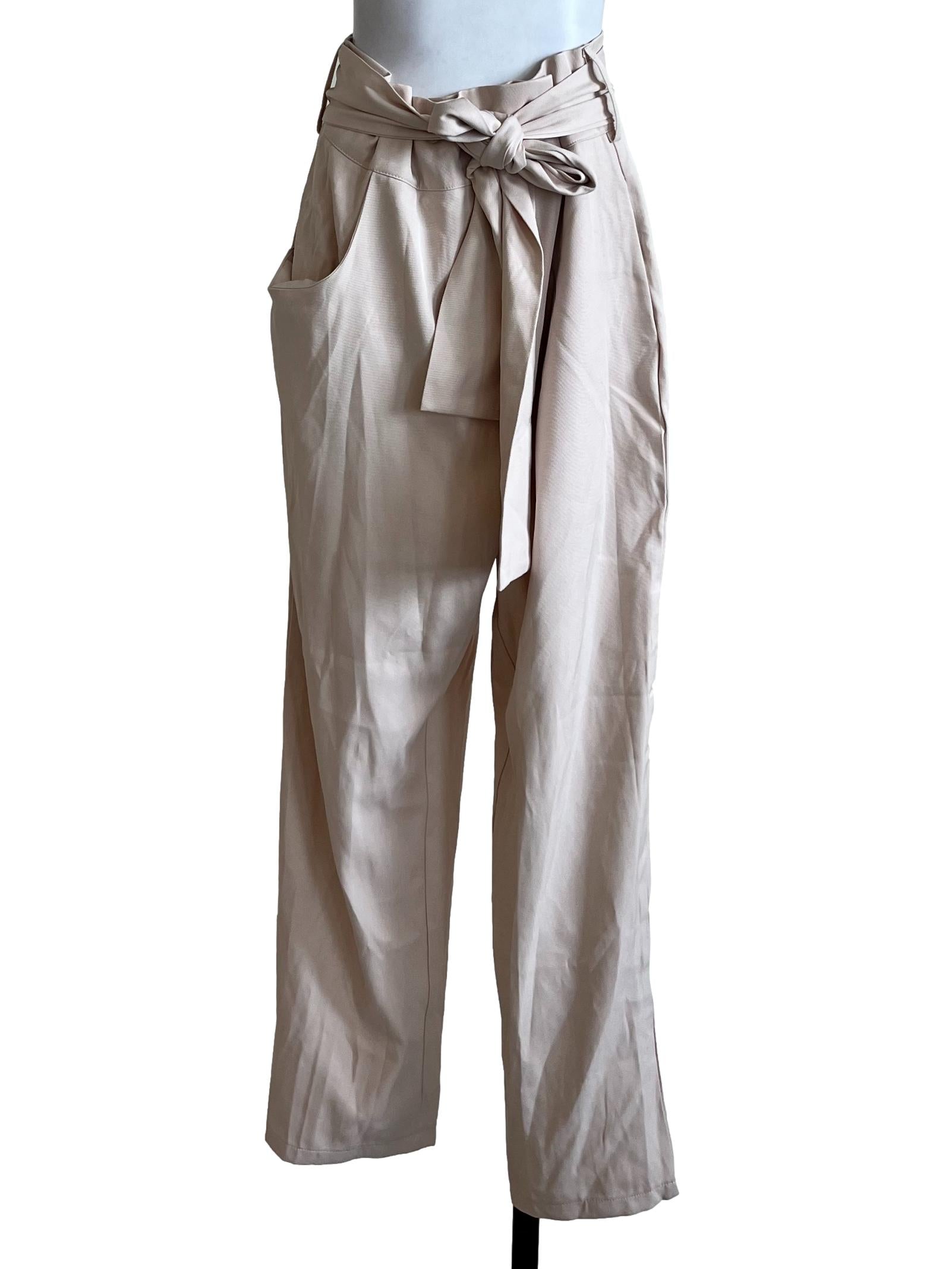 Cream Plain Non Elastic Waist Pants