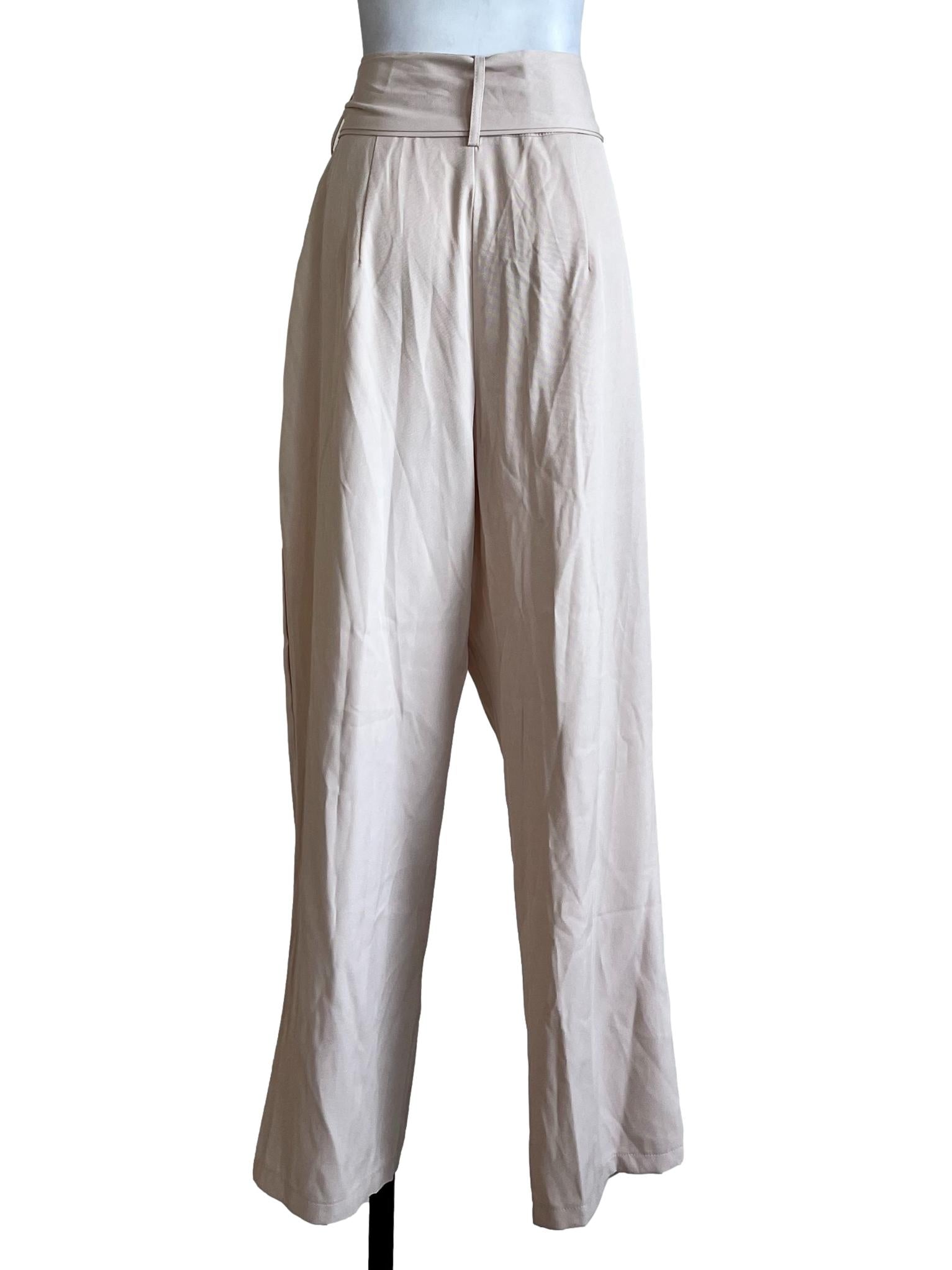 Cream Plain Non Elastic Waist Pants
