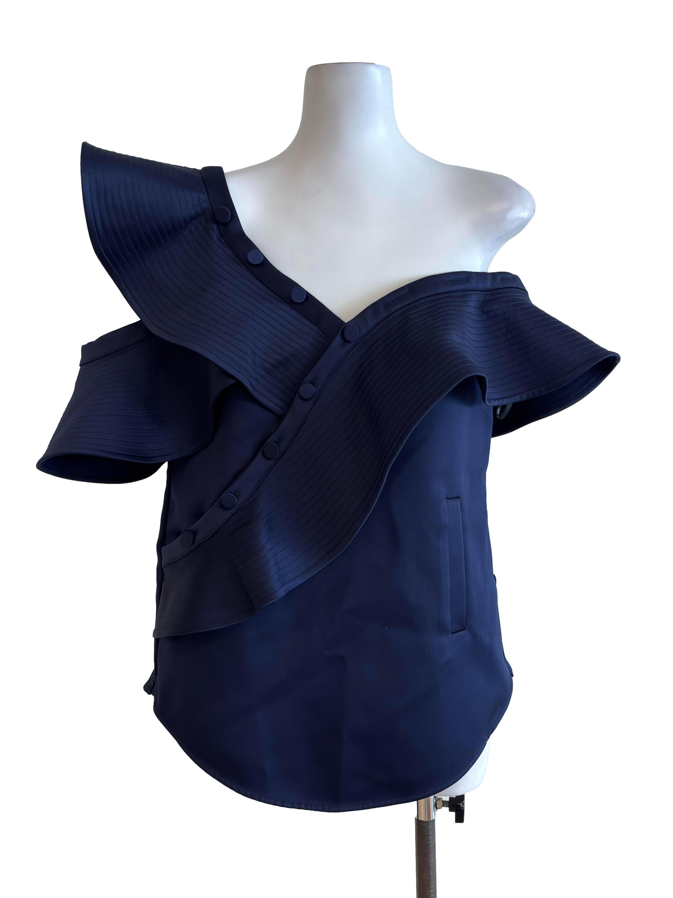 Navy Blue Asymmetrical Button Detail Top