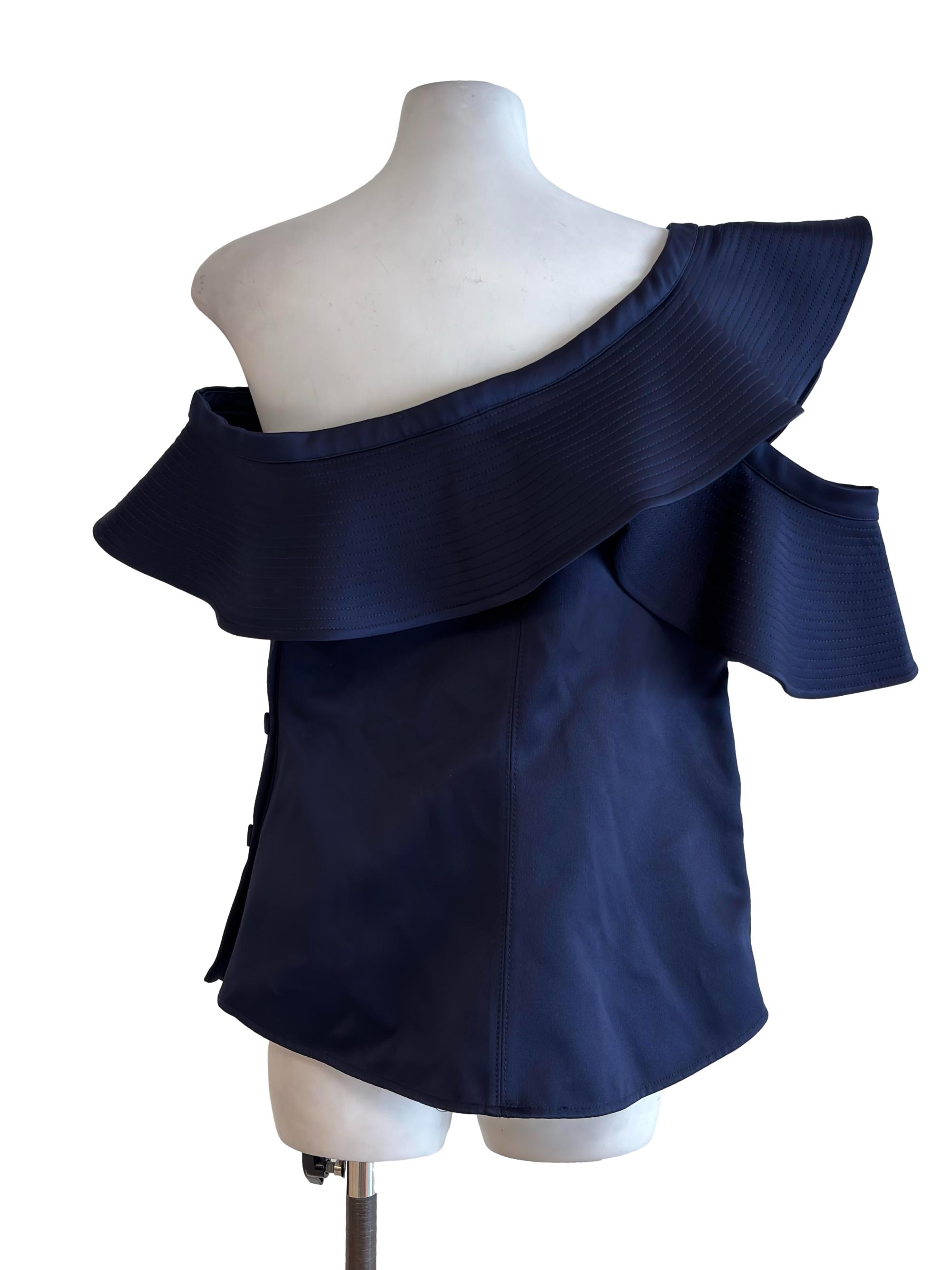 Navy Blue Asymmetrical Button Detail Top