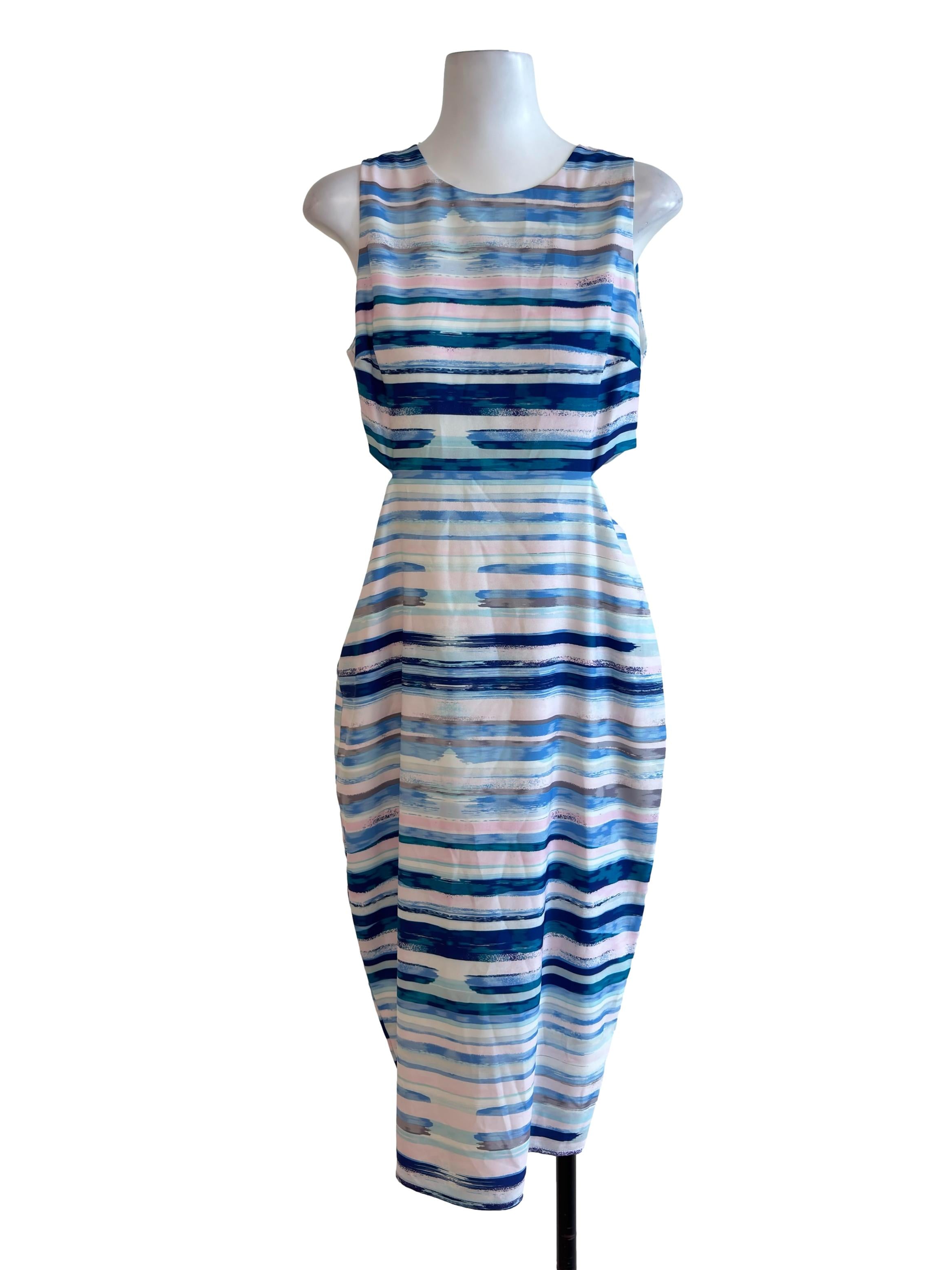 Blue Pattern Cut Out Waist Midi Dress