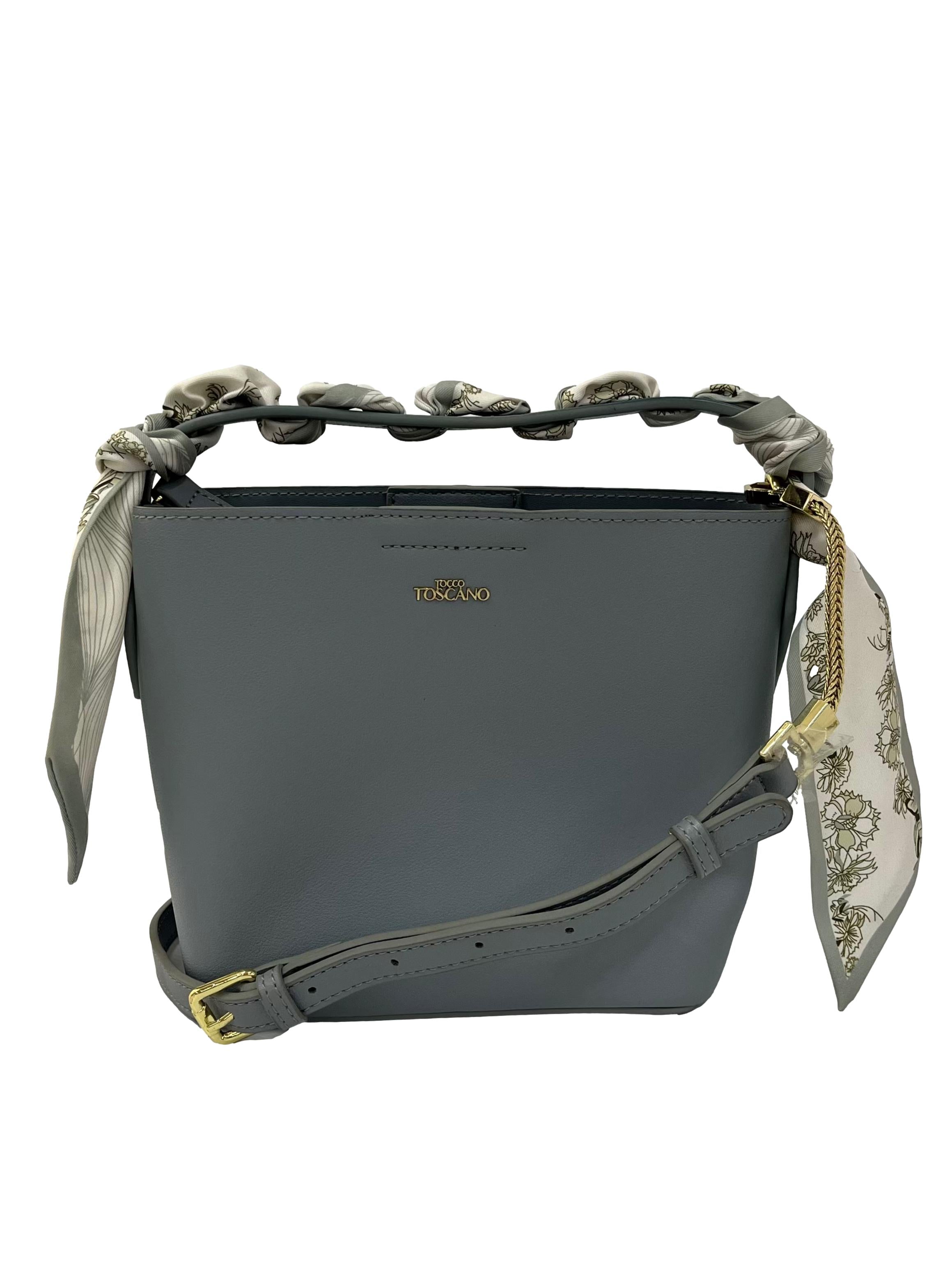 Blue Bucket Bag With Crossbody Strap And Scarf Detail