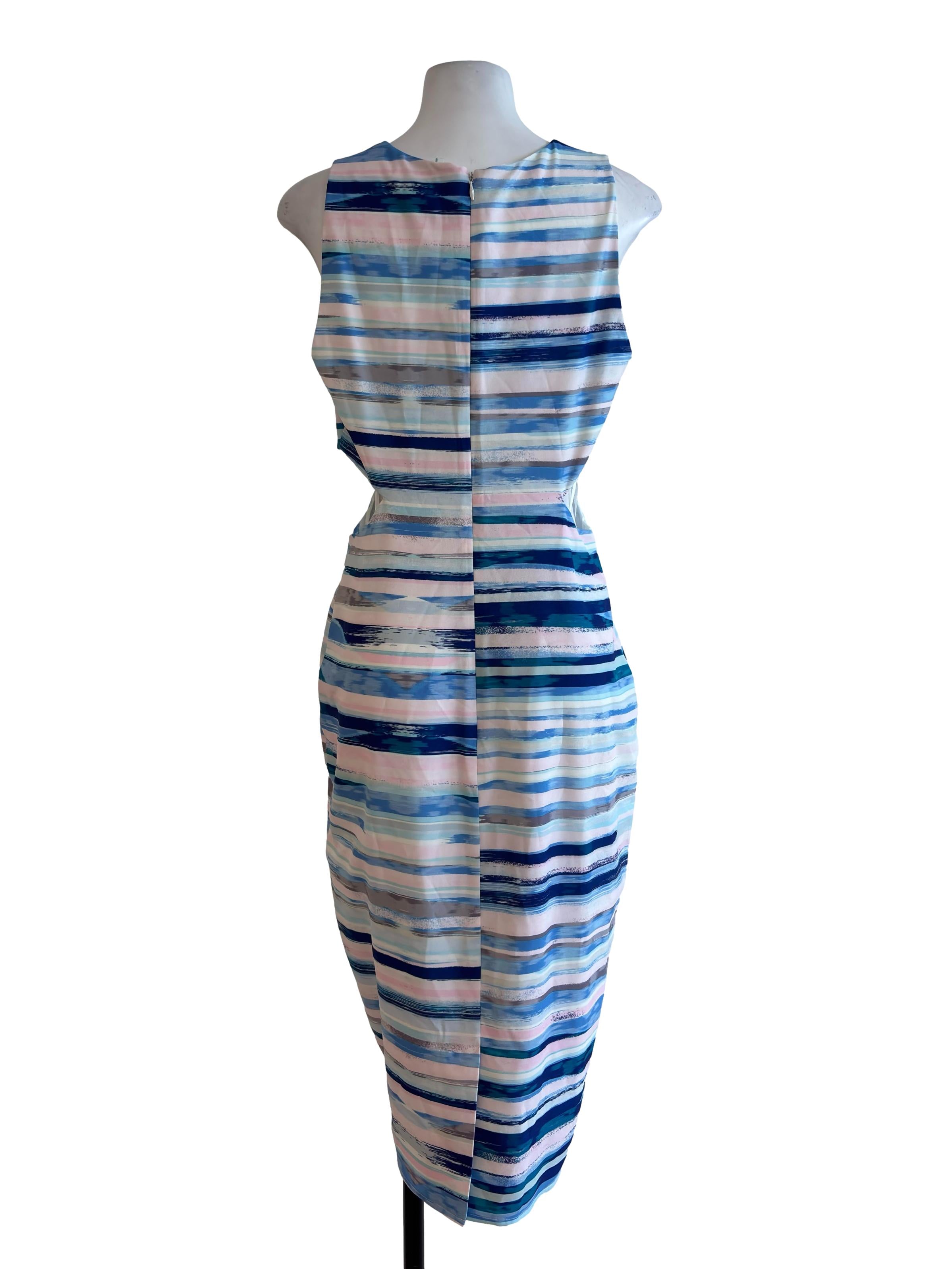 Blue Pattern Cut Out Waist Midi Dress