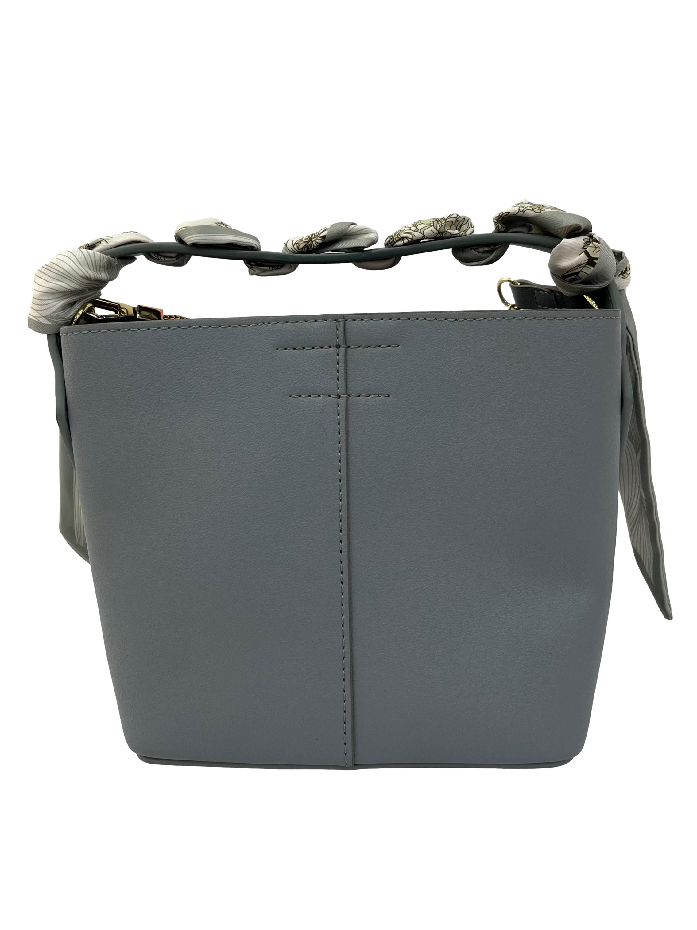 Blue Bucket Bag With Crossbody Strap And Scarf Detail