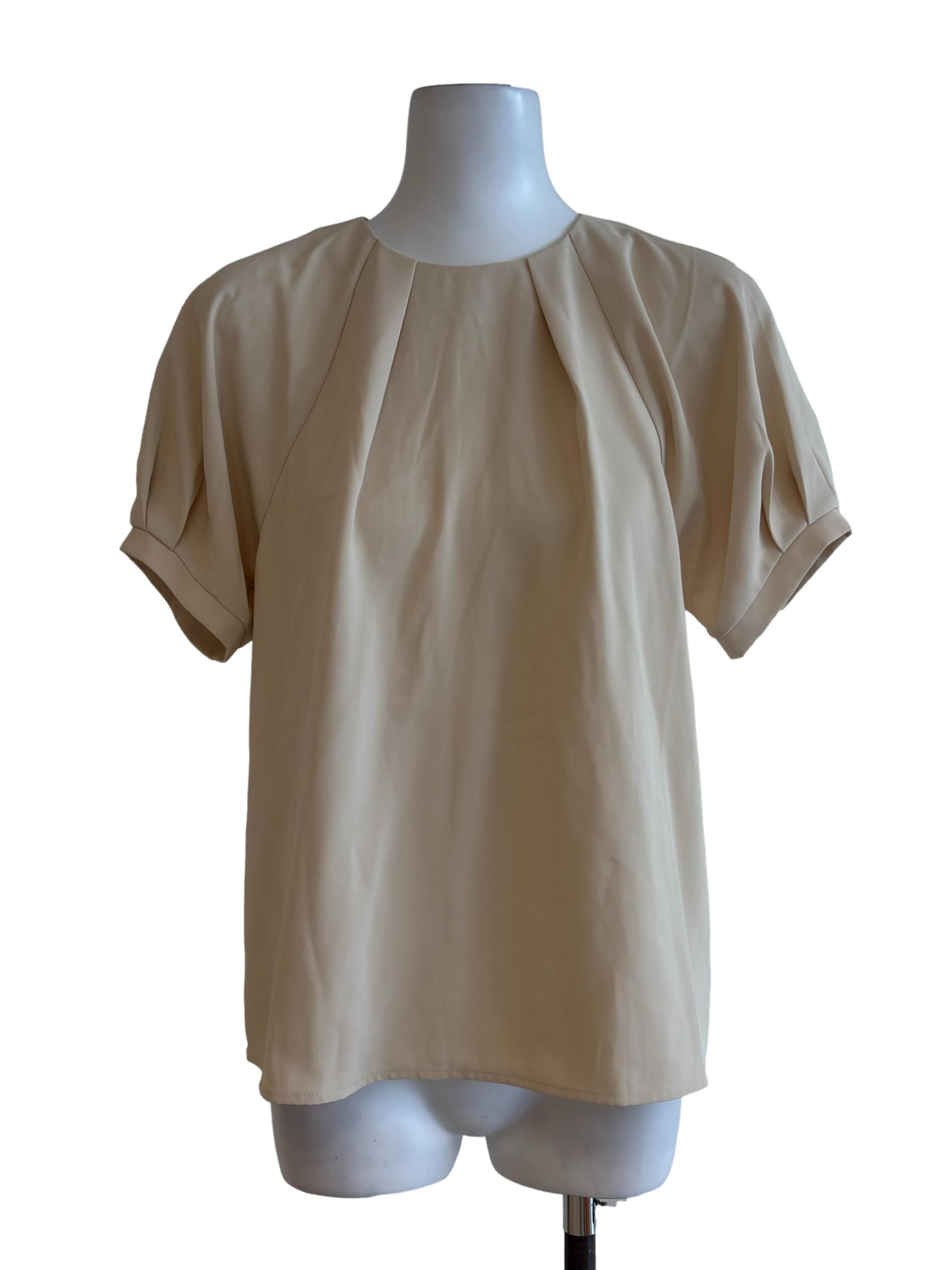 Cream Pleated Round Neck Blouse OSN
