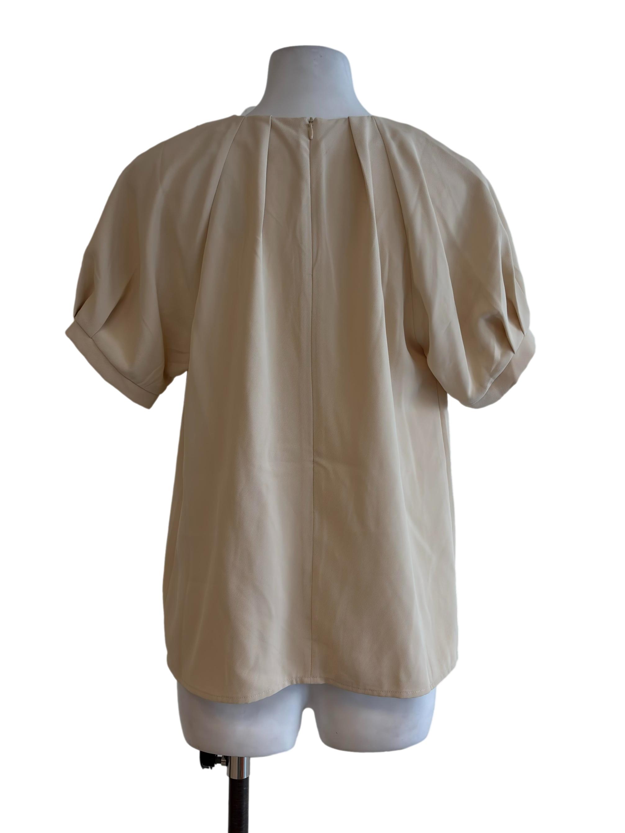 Cream Pleated Round Neck Blouse OSN