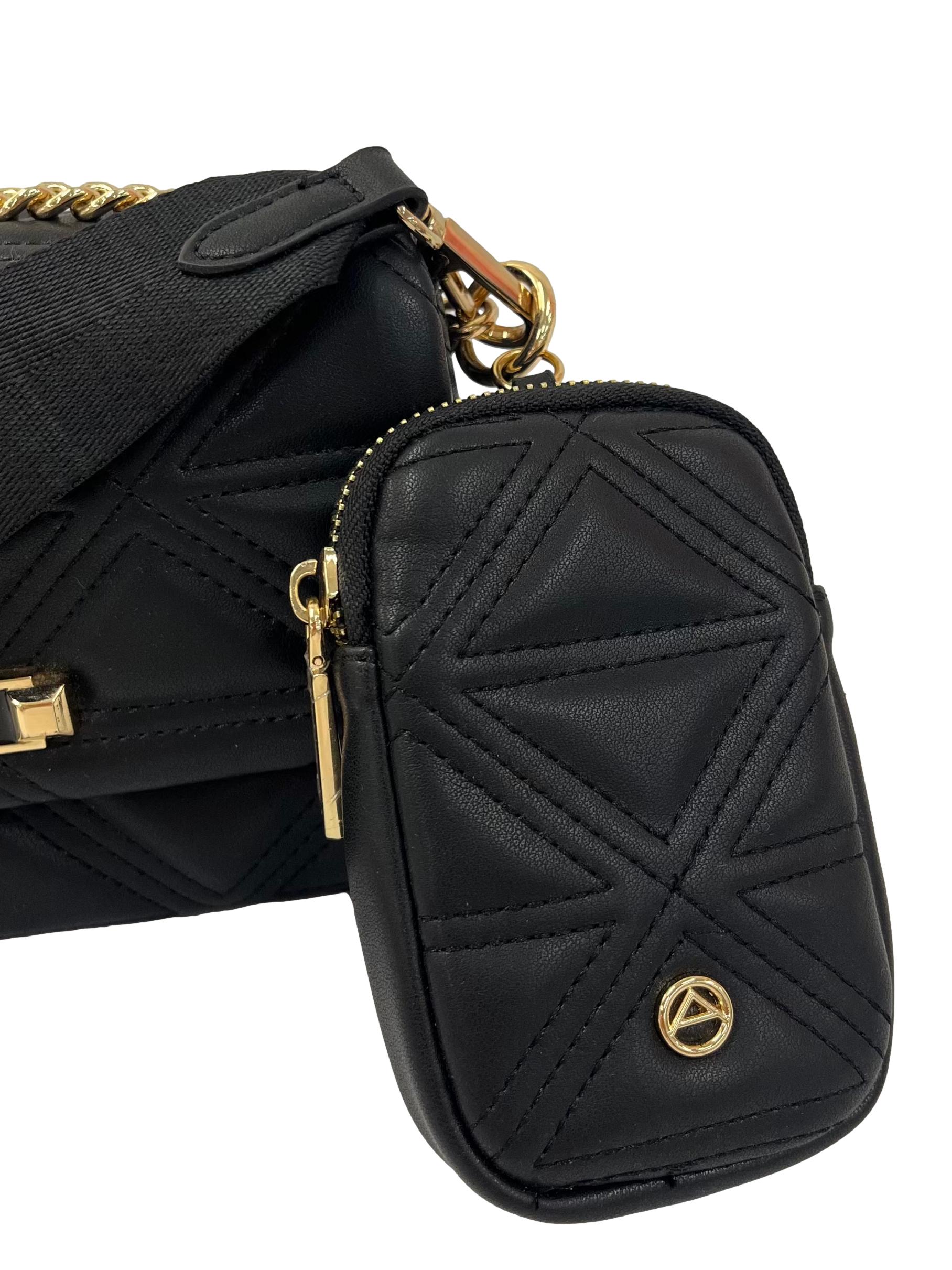 Black Quilted Crossbody Bag With Detachable Pouch
