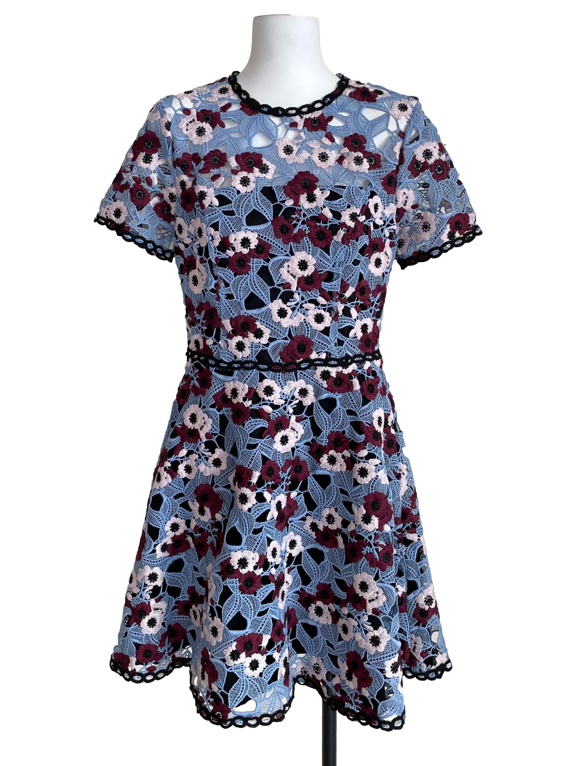 Blue Floral Embroidery A-Line Dress