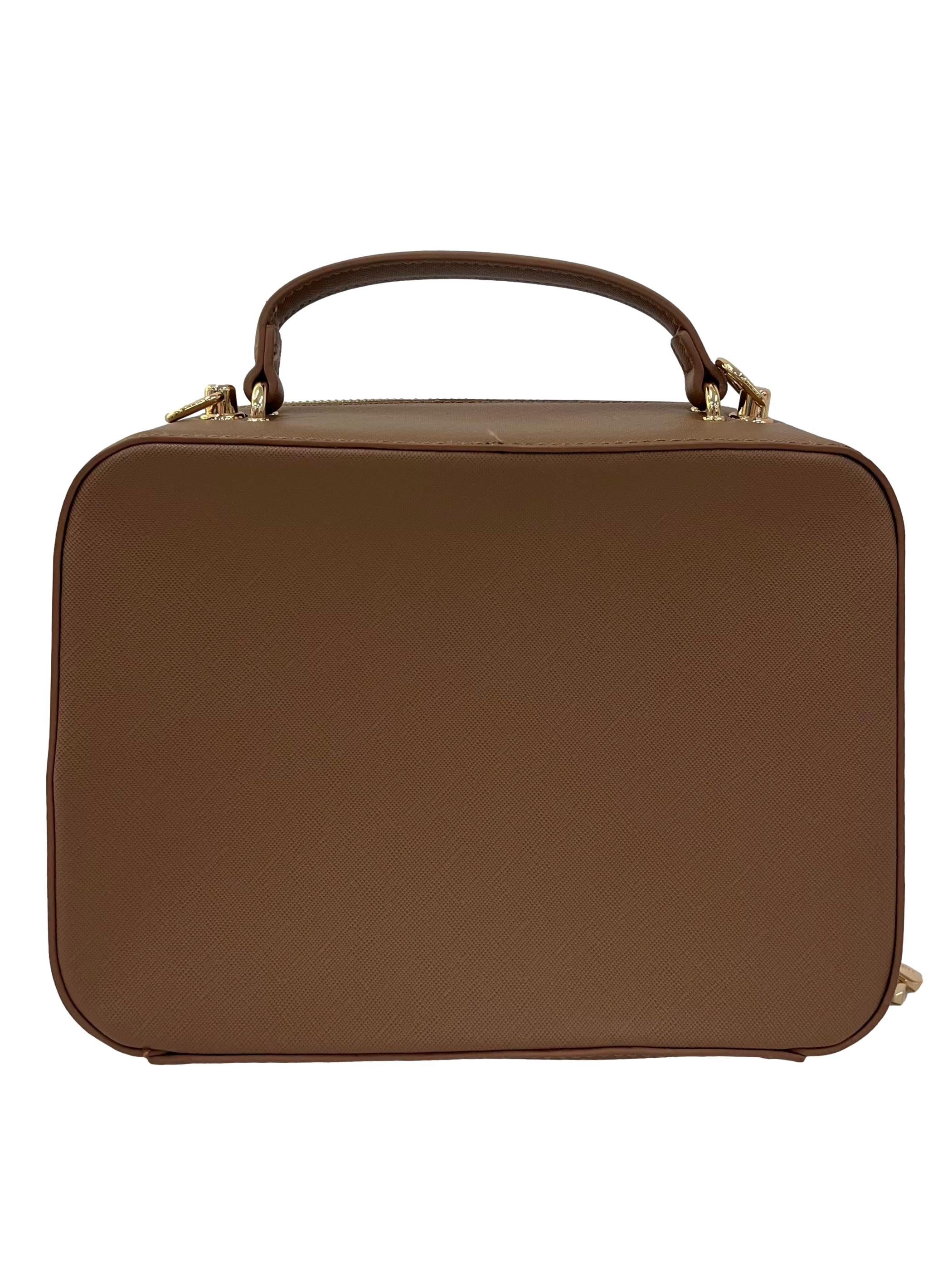 Brown Boxy Top Handle Bag With Detachable Crossbody Strap