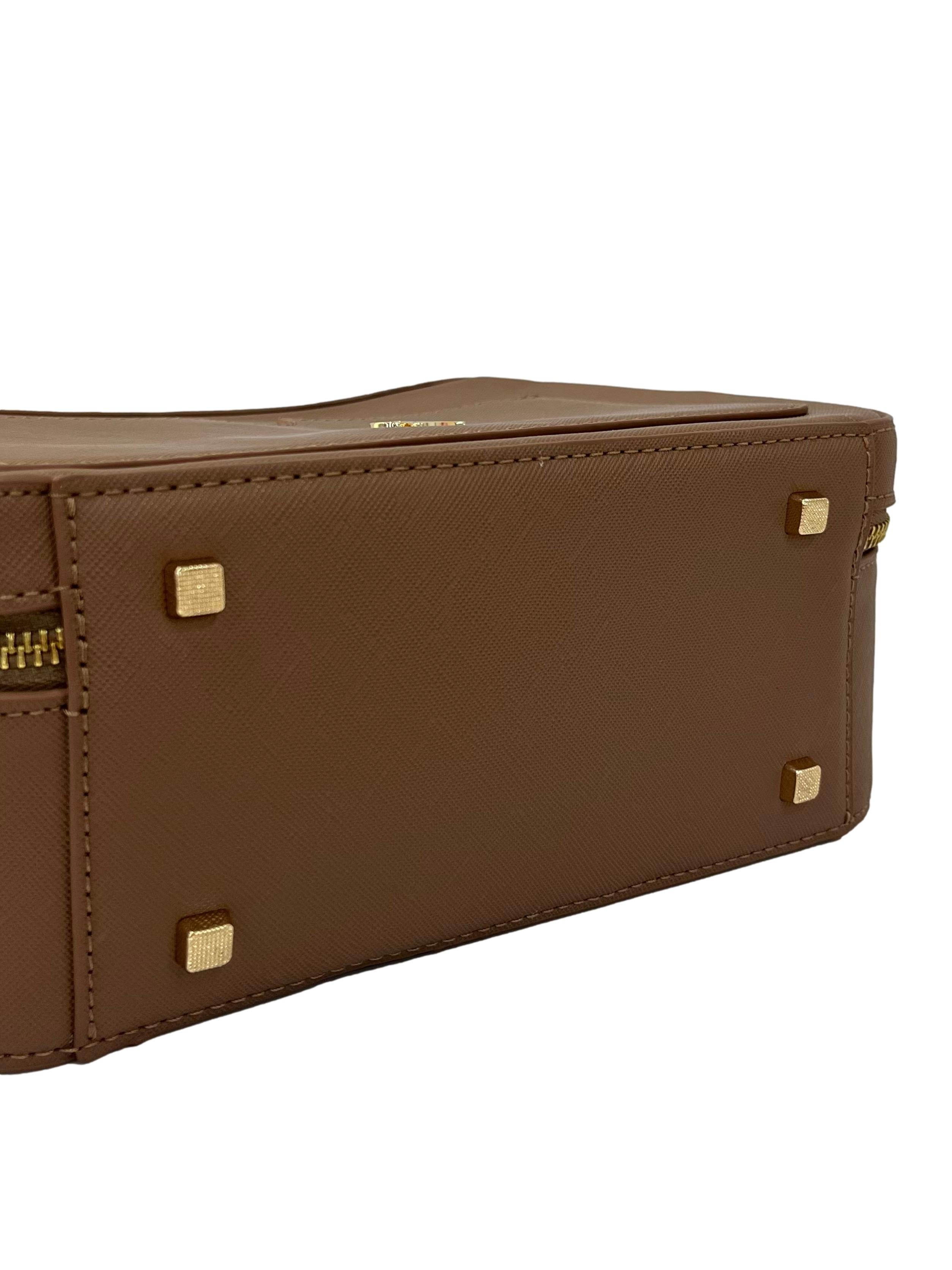 Brown Boxy Top Handle Bag With Detachable Crossbody Strap