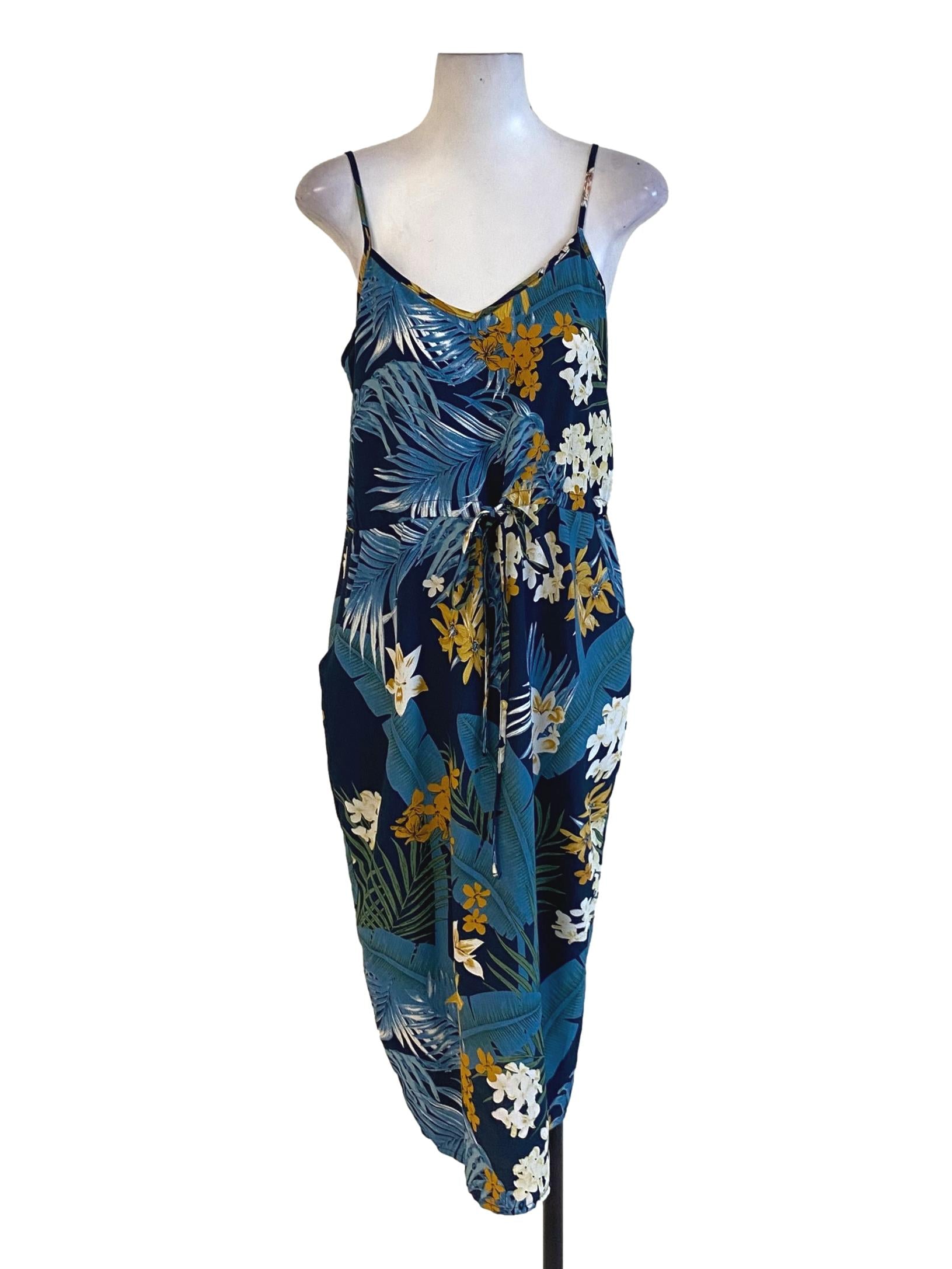 Midnight Blue Summer Floral Abstract Spaghetti Strap Babydoll Dress