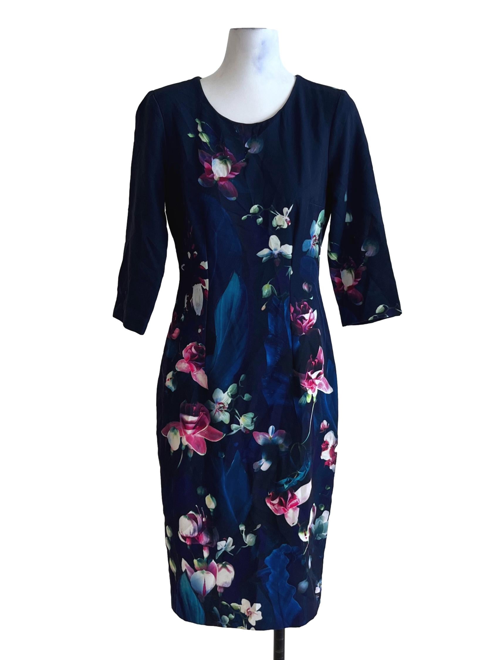 Navy Blue Floral Empire Dress