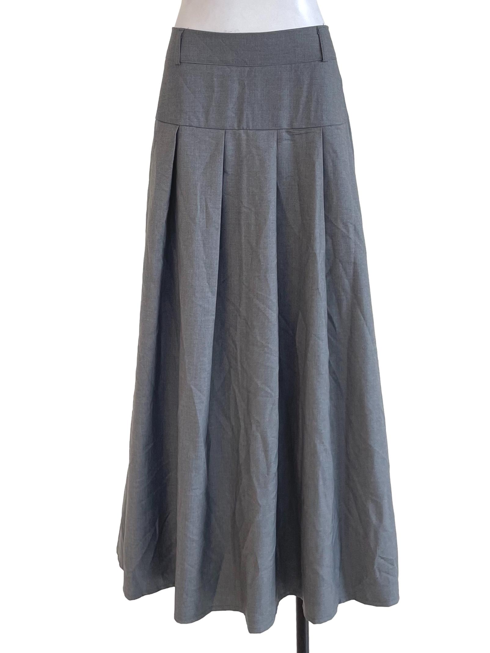 Grey Yoke-Waist Pleated Skirt