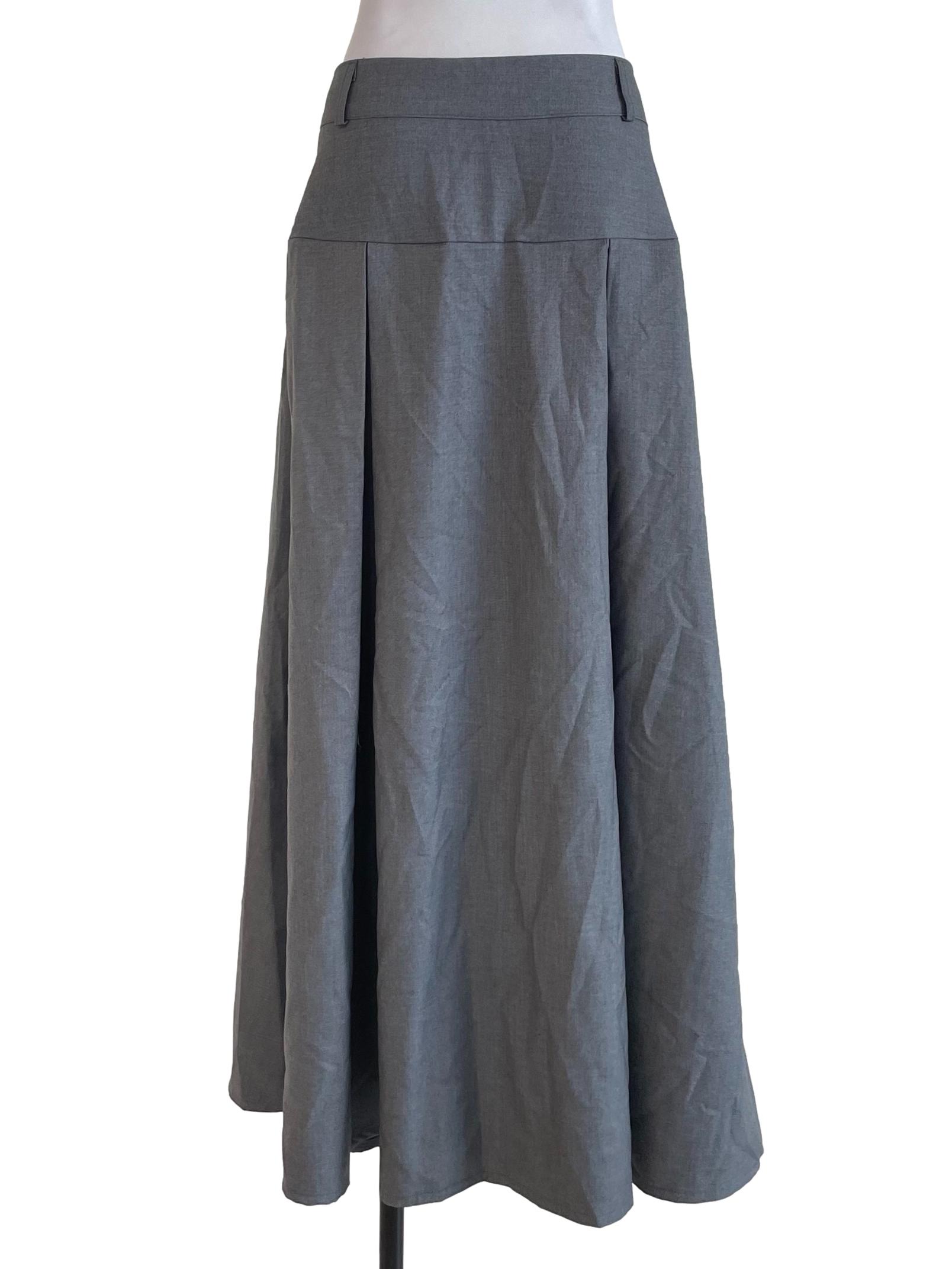 Grey Yoke-Waist Pleated Skirt